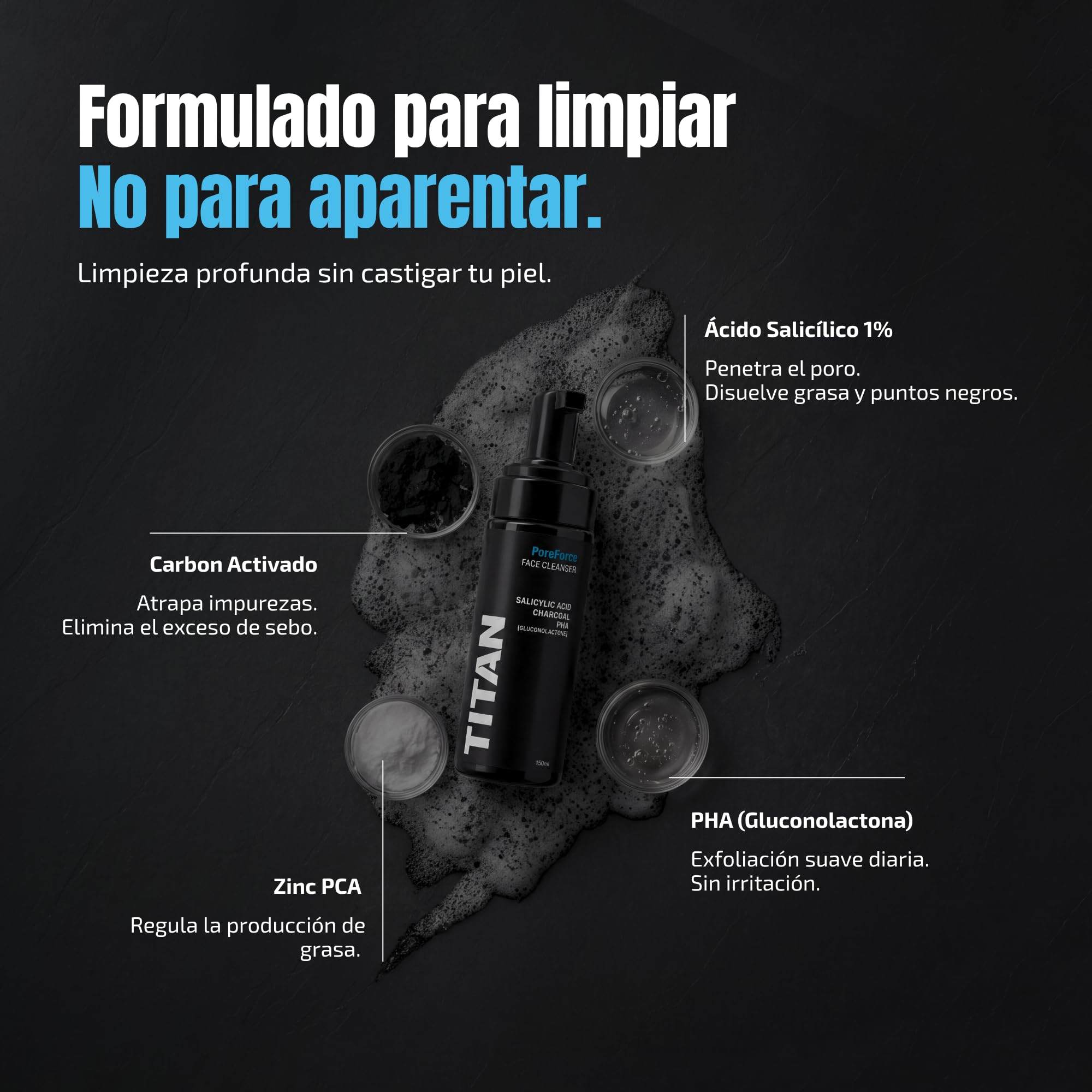 Titan Kit Cuidado Facial Hombre – Espuma Limpiadora PoreForce con Carbón Activo 150ml + Crema HydroDefend con Niacinamida y Péptidos 50ml + Neceser Nylon Balístico – Hecho en España