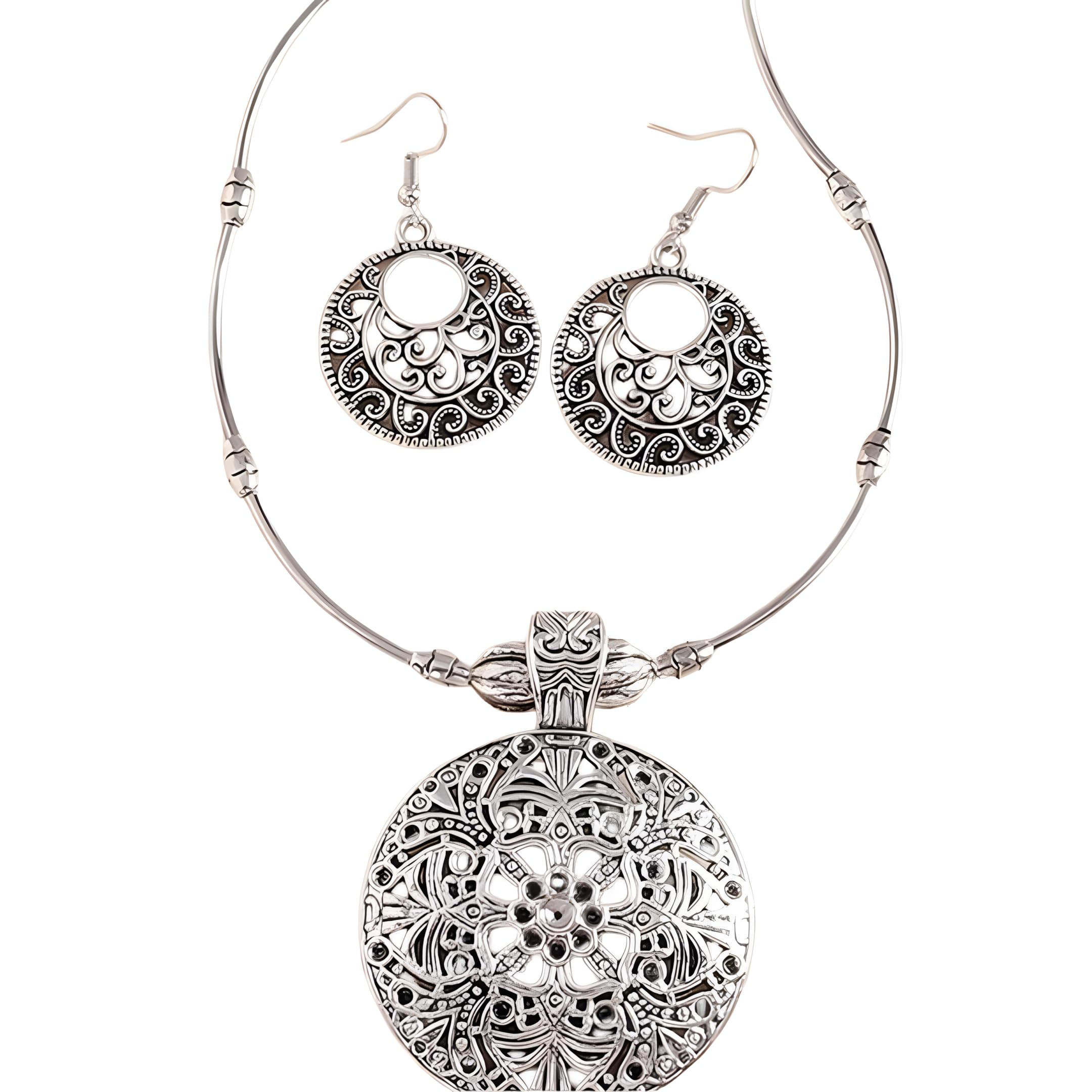 Juego de collar de filigrana y pendientes vintage con cadena de 43 cm chapada en plata 8