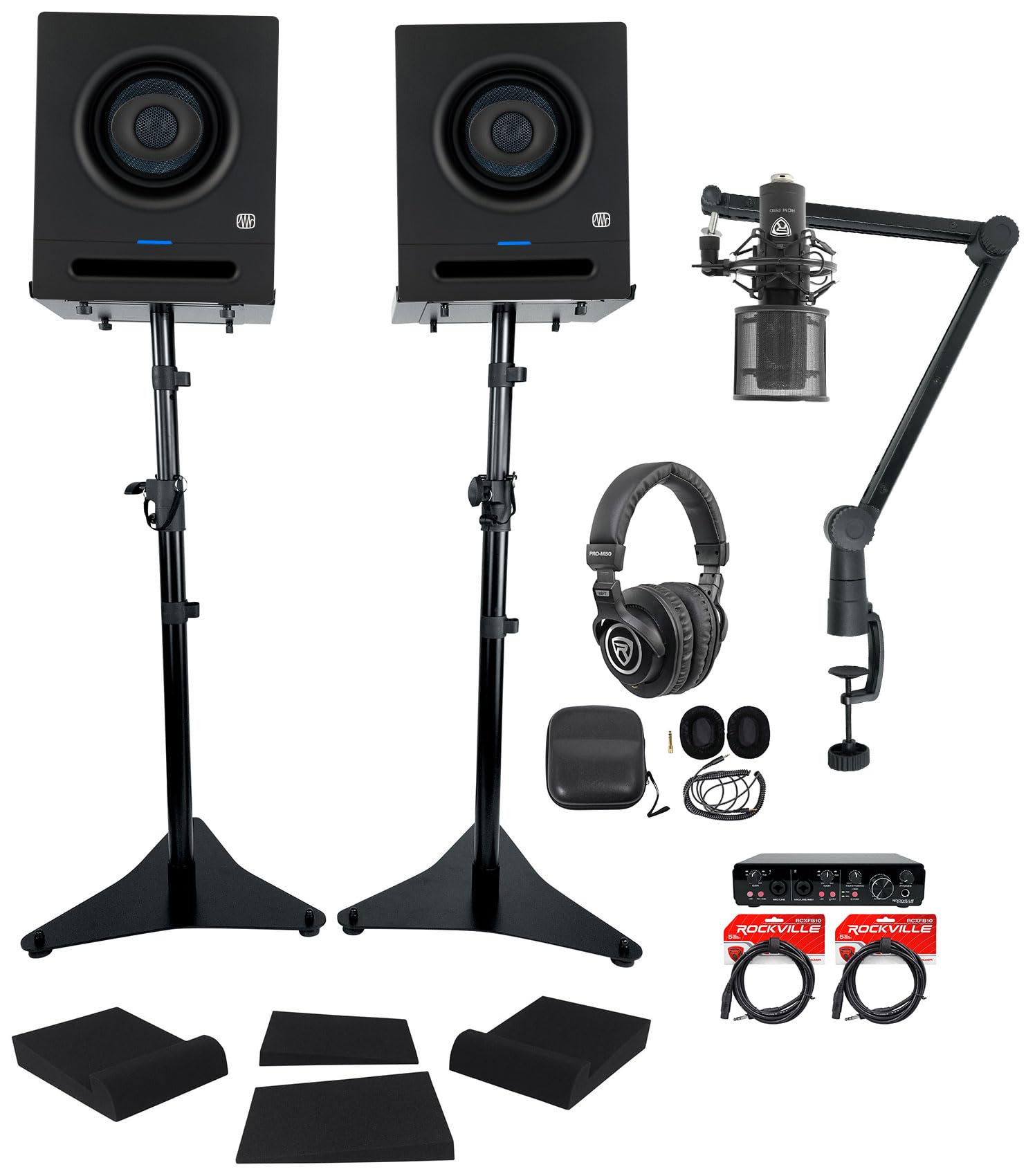 Audiosavings Bundle: (2) Presonus Eris Pro 4 Studio Speaker Bundle with Rockville PRO-M50 Headphone+RCM PRO Microphone+(2) RCXFB10B Cables+Rogan & RVSM5 Stand+RRS190S Pad+R-Track Interface (14 Item)