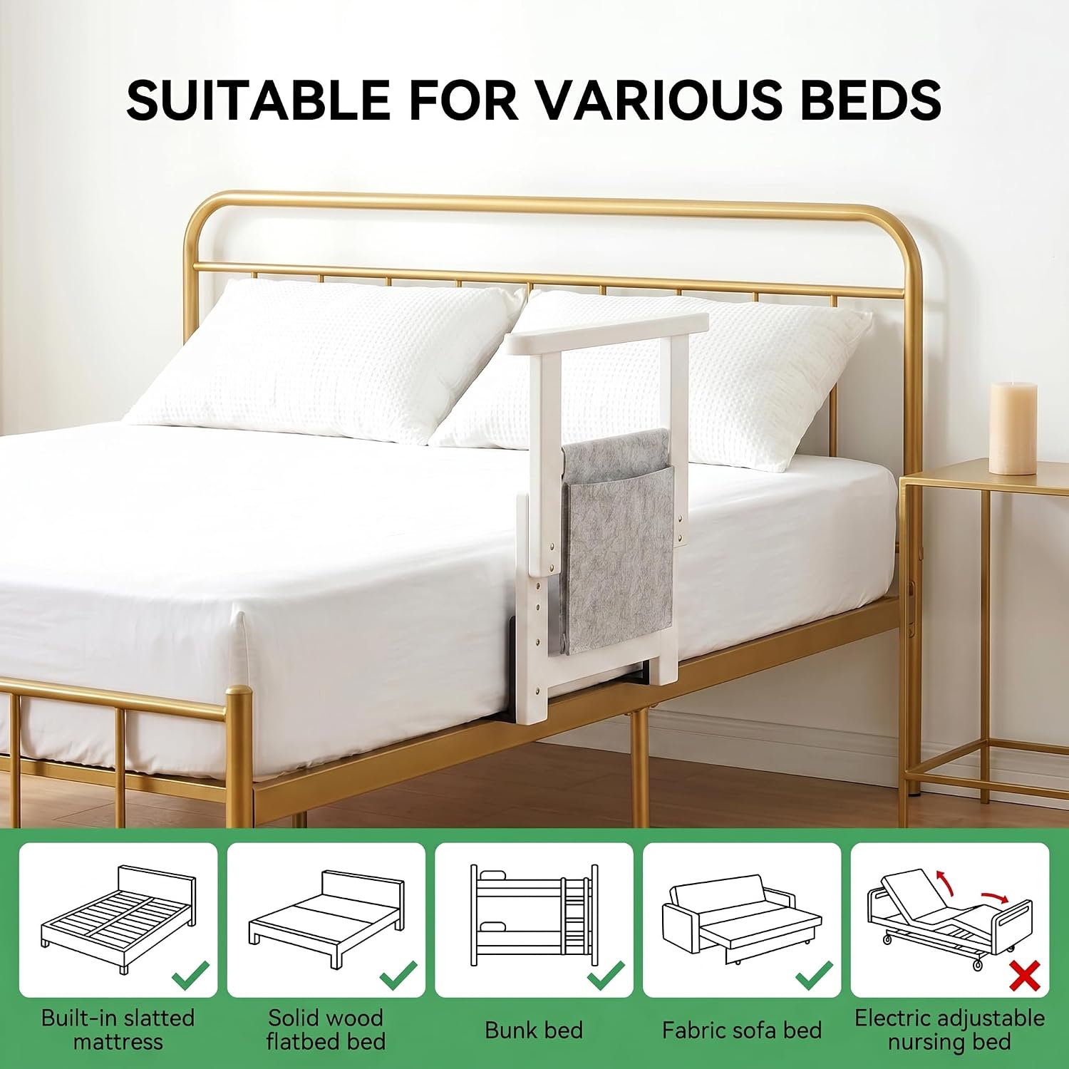 Wooden Bed Assist Rail for Seniors Adjustable Grab Bar 300lbs White | Non-Slip Handle, Storage Pocket, Fits 5–30 cm Mattresses, Fits Twin, Full, Queen & King Beds