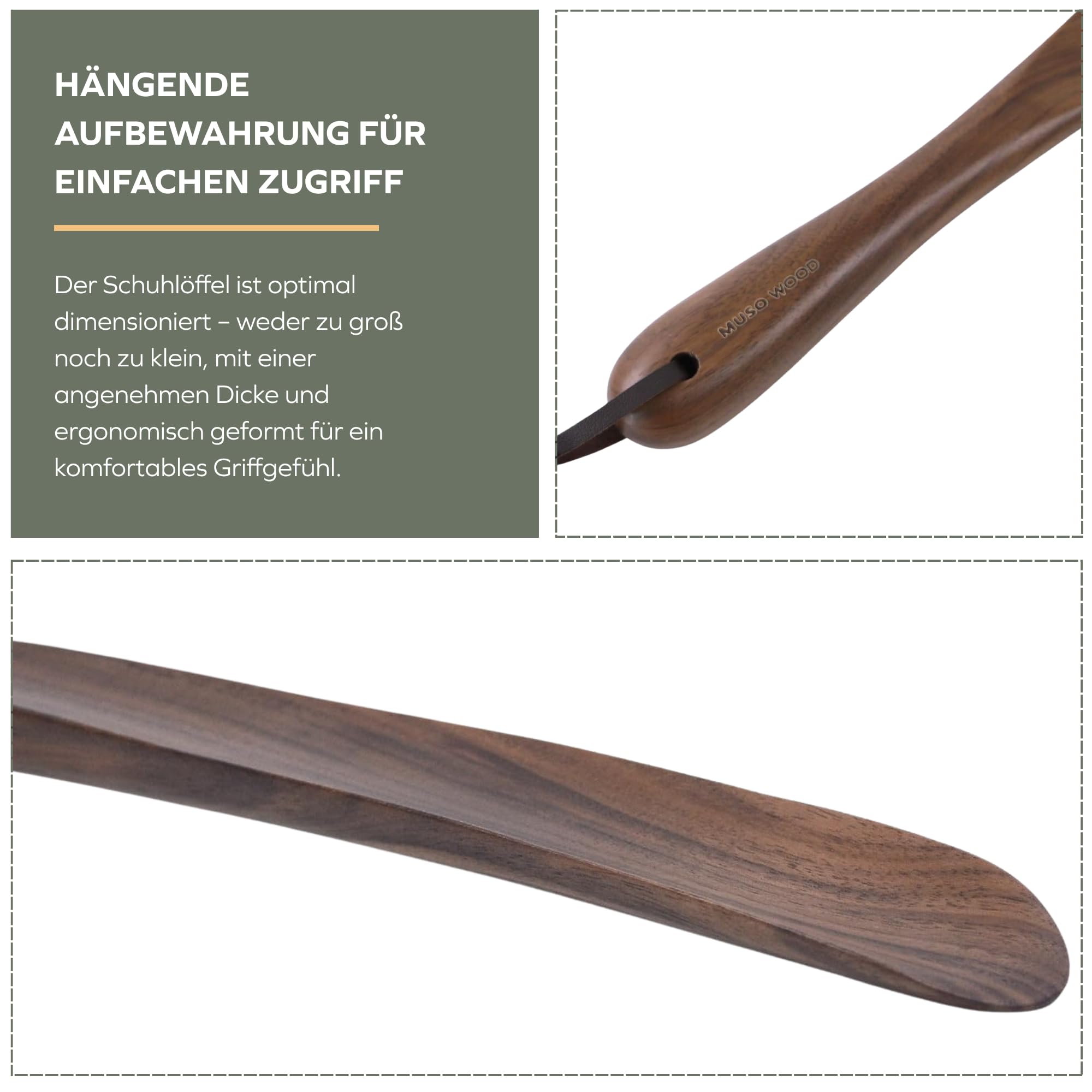 muso wood Schuhlöffel holz Schuhanzieher lang 38cm mit hängendem Loch, Walnussholz stabiler Schuhlöffel für Mann, Frauen, Kinder und Senioren