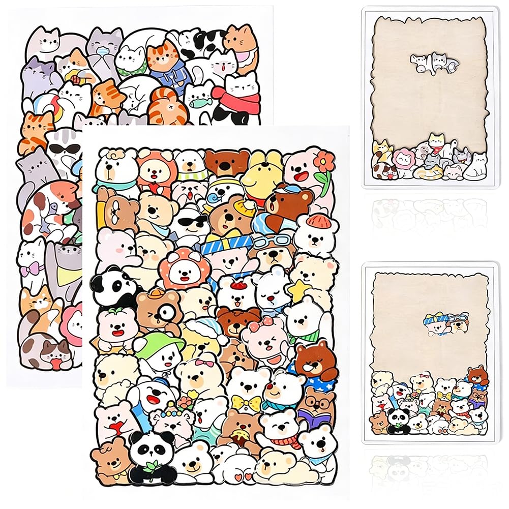 Wooden Animal Jigsaw Puzzles for Kids and Adults Cat & Bear Wooden Jigsaw Puzzles 100 Pieces Irregular Animal Shaped Unique Wood Puzzle, Creative Birthday Gift