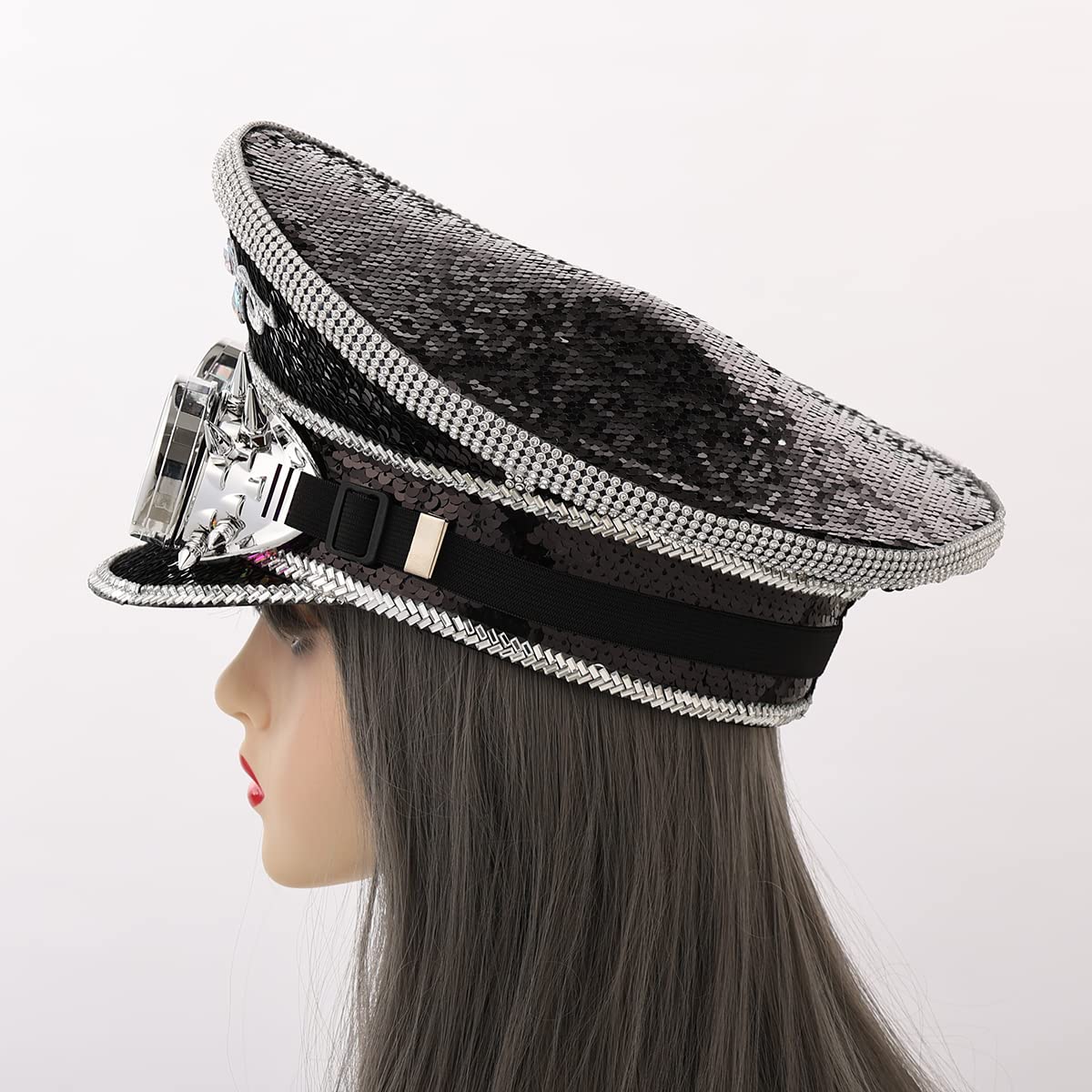 Unisex Sequin Military Captain Hats with Goggles Steampunk Burning Man Top Hat Festival Halloween Cosplay Costume Caps (Black) - Image 4