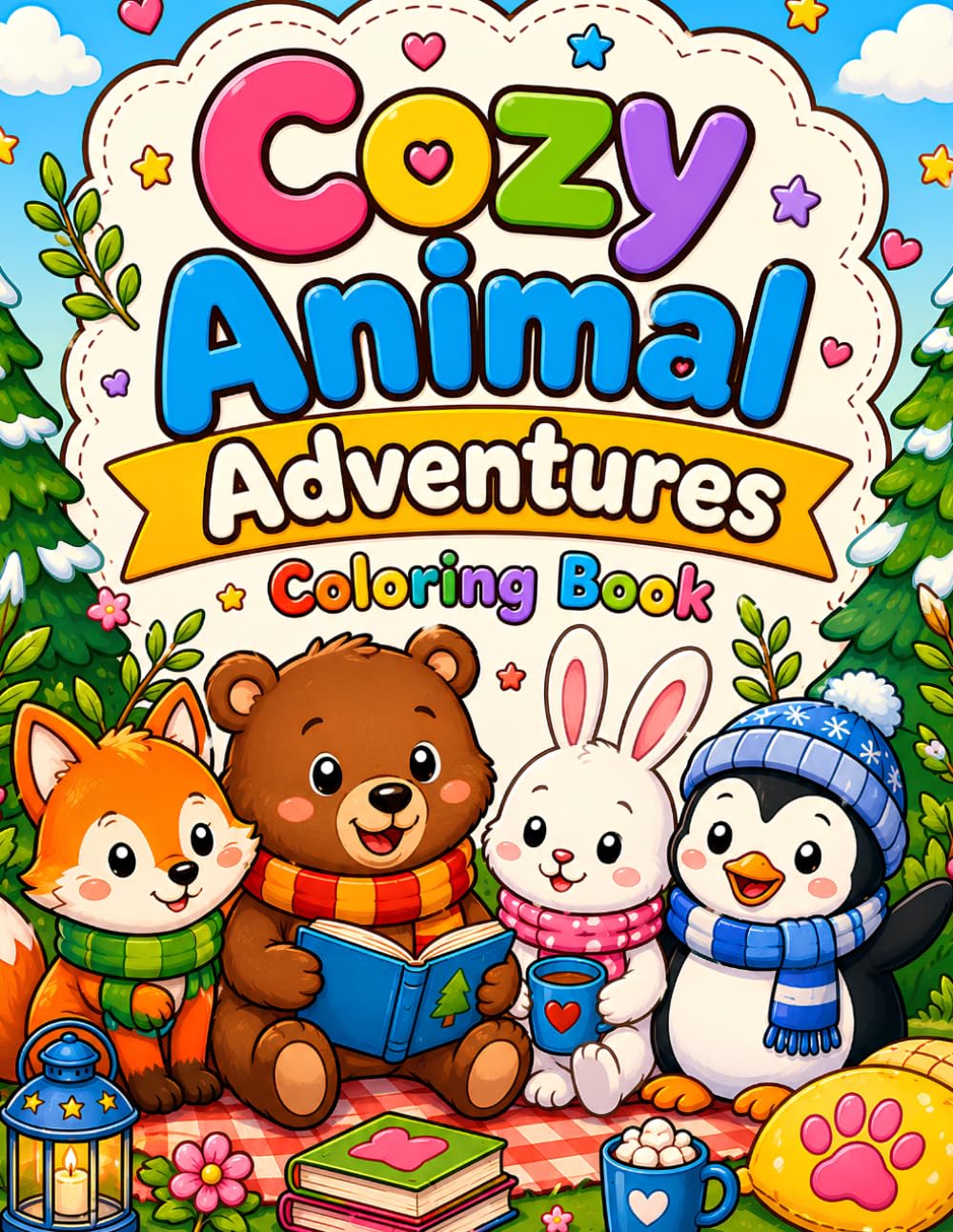 Cozy Animal Adventures Coloring Book: 50 Cute & Easy Relaxing Animal Scenes for Stress Relief