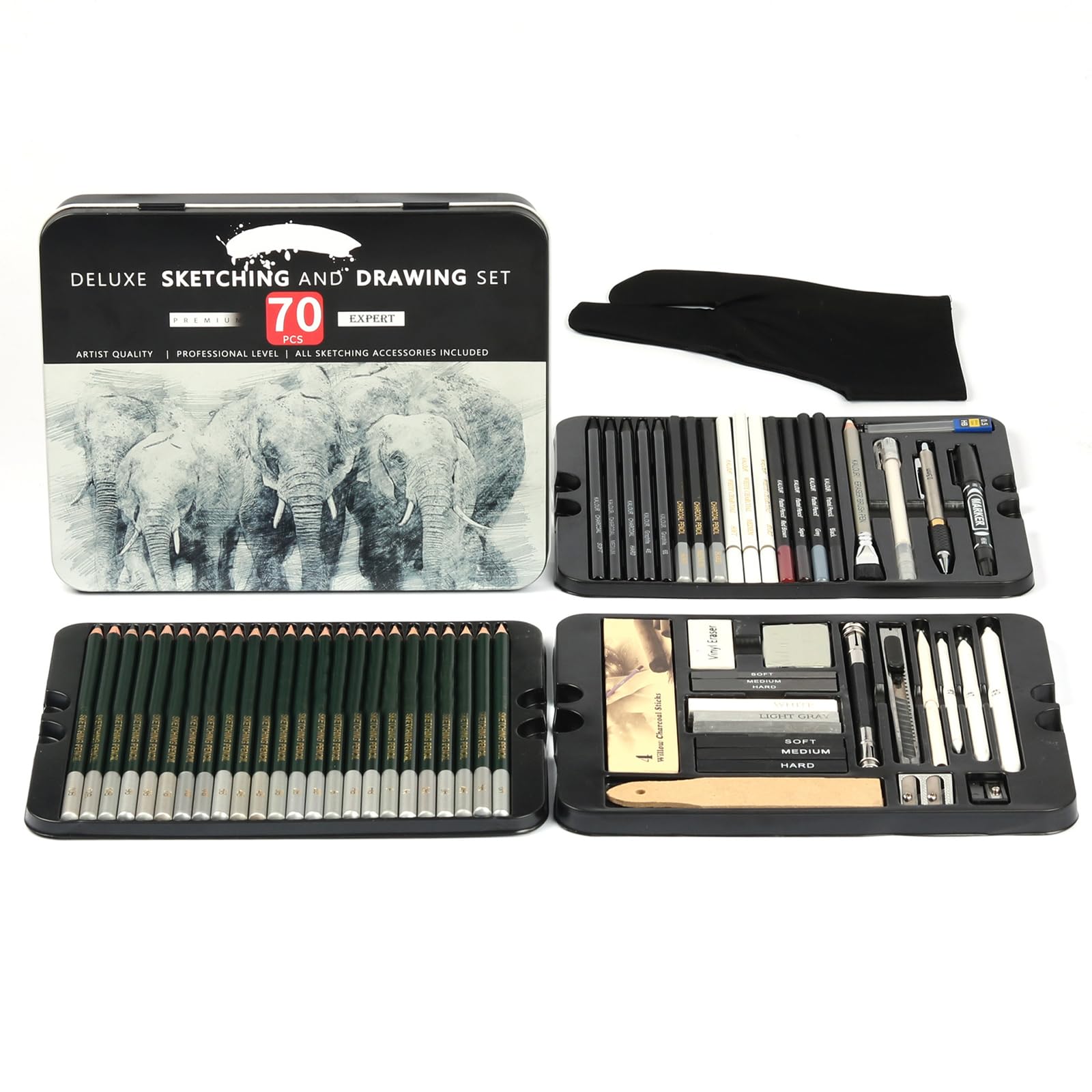 ljhnba Matita per schizzi base e materiale artistico da da 70, include temperamatite, carta vetrata, monconi per sfumare, gomme da cancellare, strumento artistico