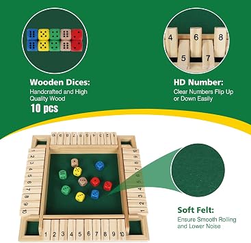 GOTHINK Shut The Box Dice Game with 8pcs Dices 12 inch Traditional Wooden Table Math Board Game 10 Numbers for Kids Adults, Family Classroom Home or Pub Bar 1-4 Players