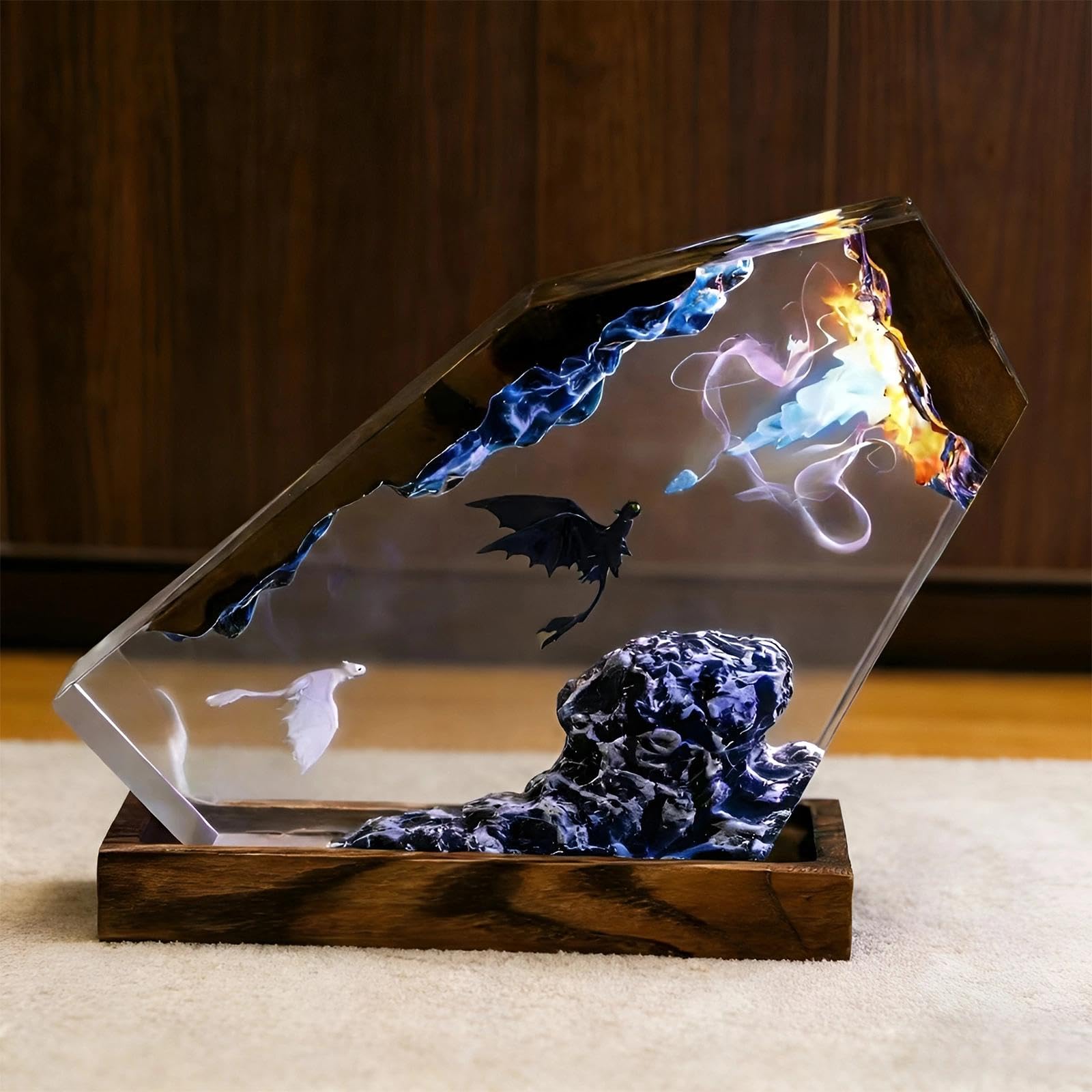 Luz nocturna de resina epoxi 3D,Actualización de estatua de dinosaurio Artículos de película Adornos con base de madera,Lámpara de noche con cable USB y lámpara nocturna multicolor remota de 16
