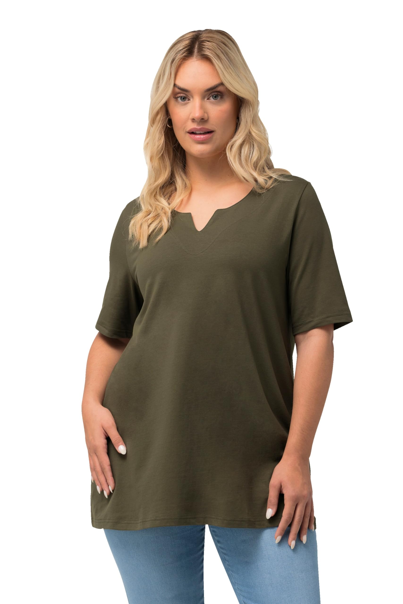 Ulla Popken Damen große Größen Übergrößen Plus Size T-Shirt, A-Linie, Tunika-Ausschnitt, Halbarm 807259