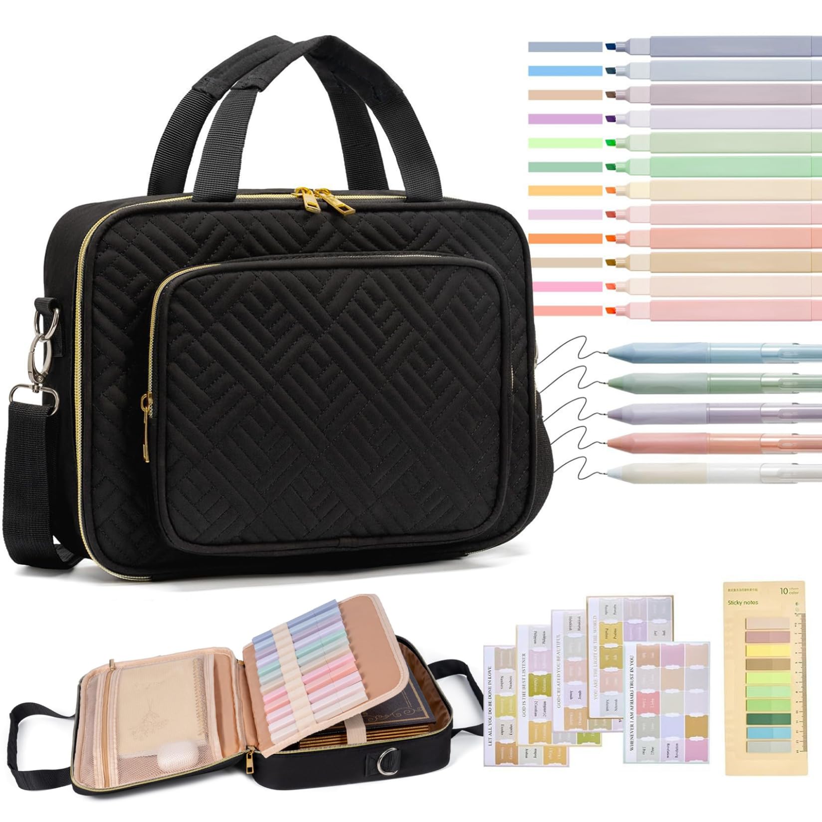 Quilted Bible Cover, Bible Study Bag, Complete Set Essentials Includes Carrying Case & Highlighters, Tabs & Gel Pens for Women & Men, Black