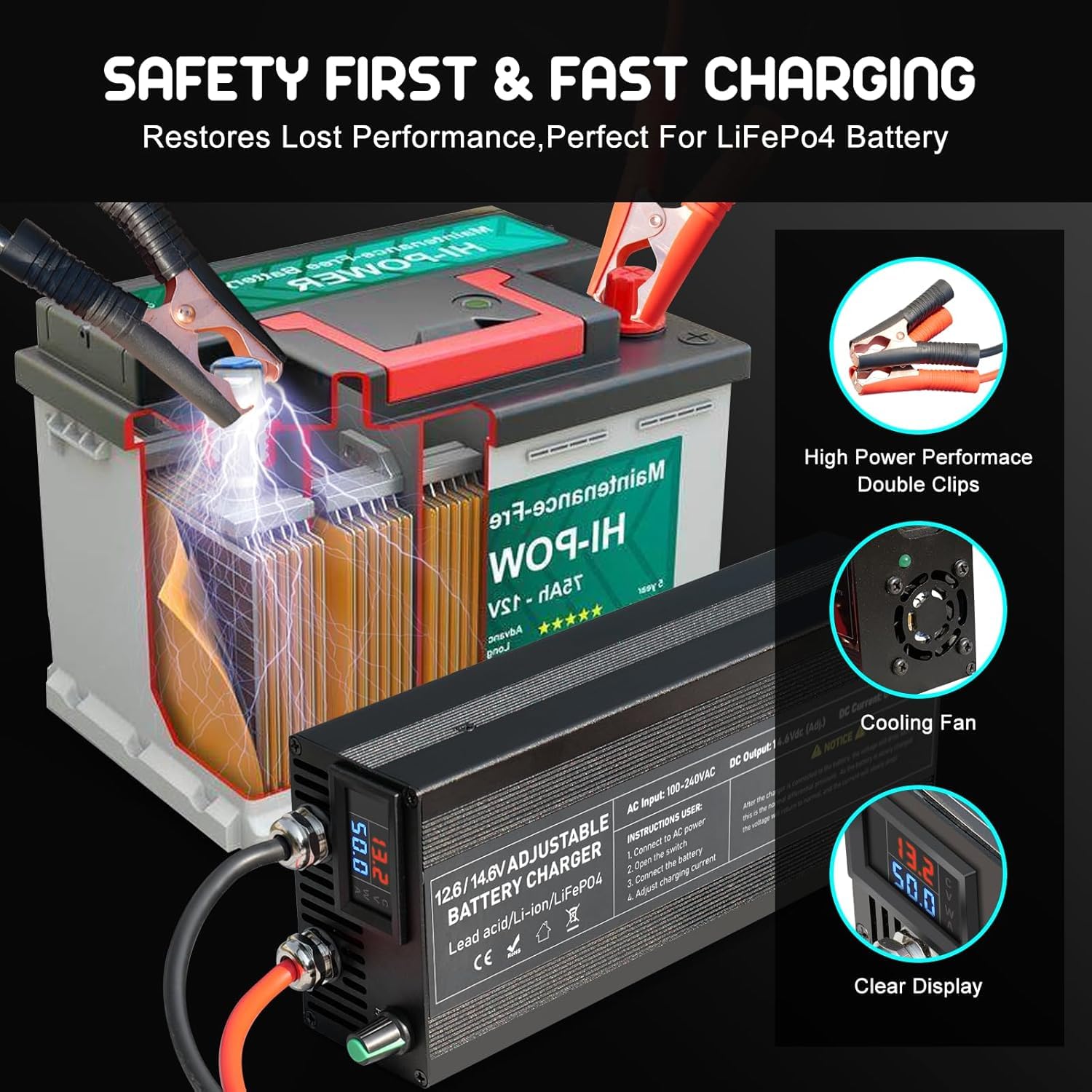 Caricabatterie LiFePO4 14.6V 0-50A Regolabile，Caricabatterie Intelligente 12V con Funzione di Mantenimento per Ricarica Rapida di Batterie al Litio per Auto, Camion, Moto, Tosaerba e Barche