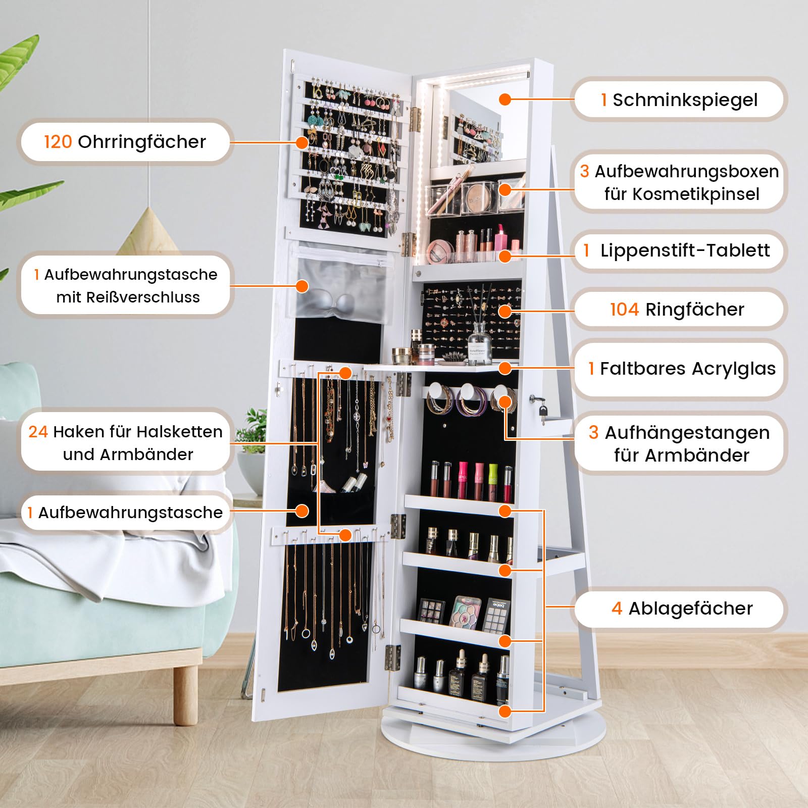 COSTWAY Szafka na biżuterię z lustrem na całe ciało, szafka z lustrem LED, bez ramy, organizer na biżuterię, obracany o 360° i zamykany, do przechowywania biżuterii (biała)