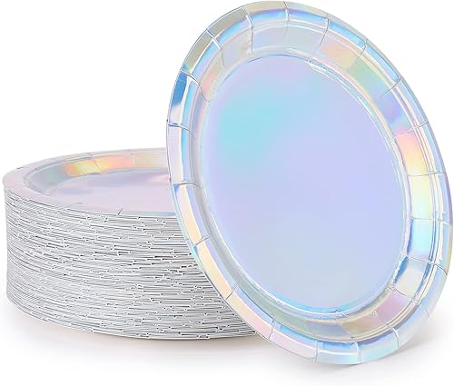 Miniatura 2 de Platos de papel iridiscentes de 9 pulgadas 50 unidades Platos redondos desechables de papel para pasteles, ensalada, pizza, holográficos, arco iris,