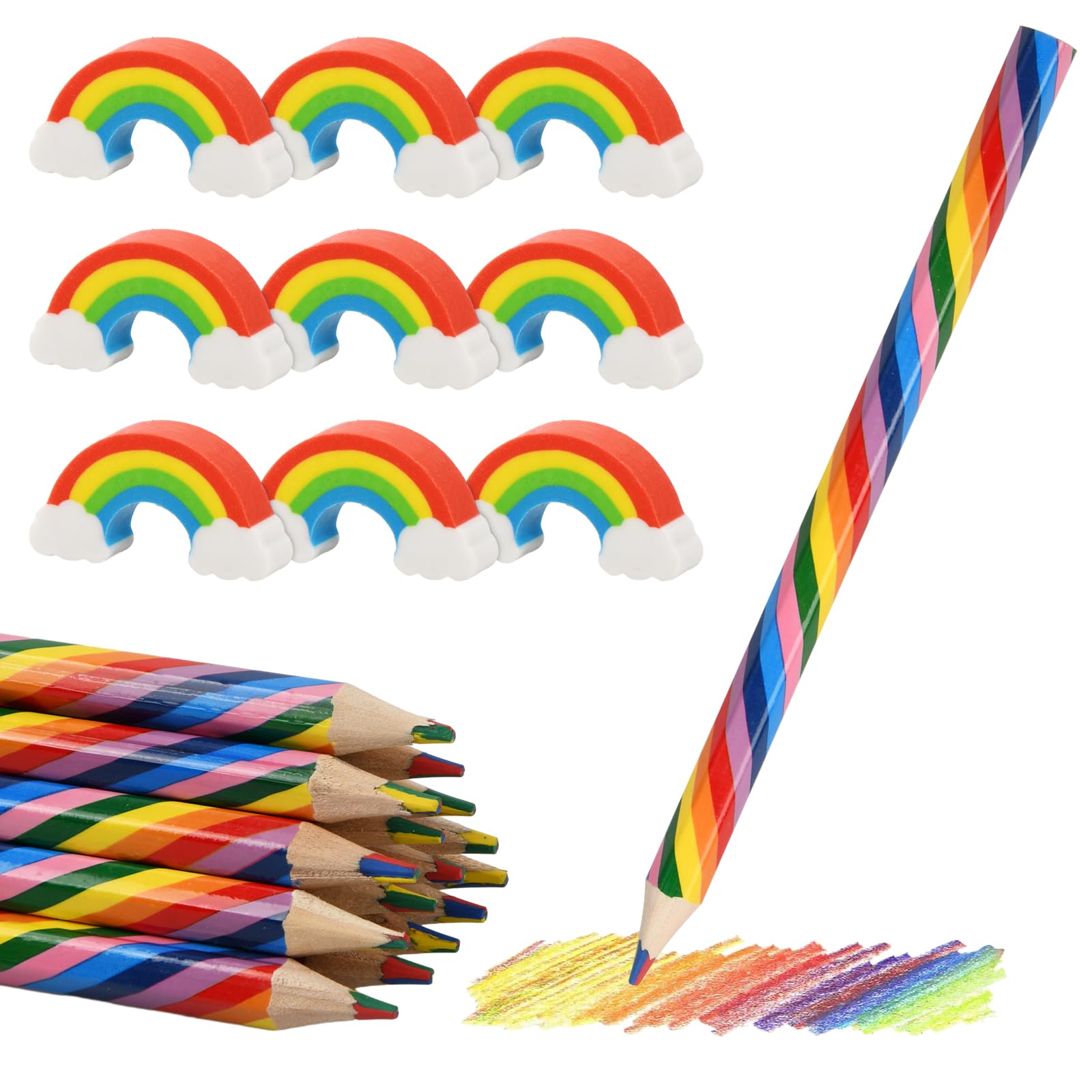 15 szt. tęczowych kredek i 15 plastikowych gumek gumowych