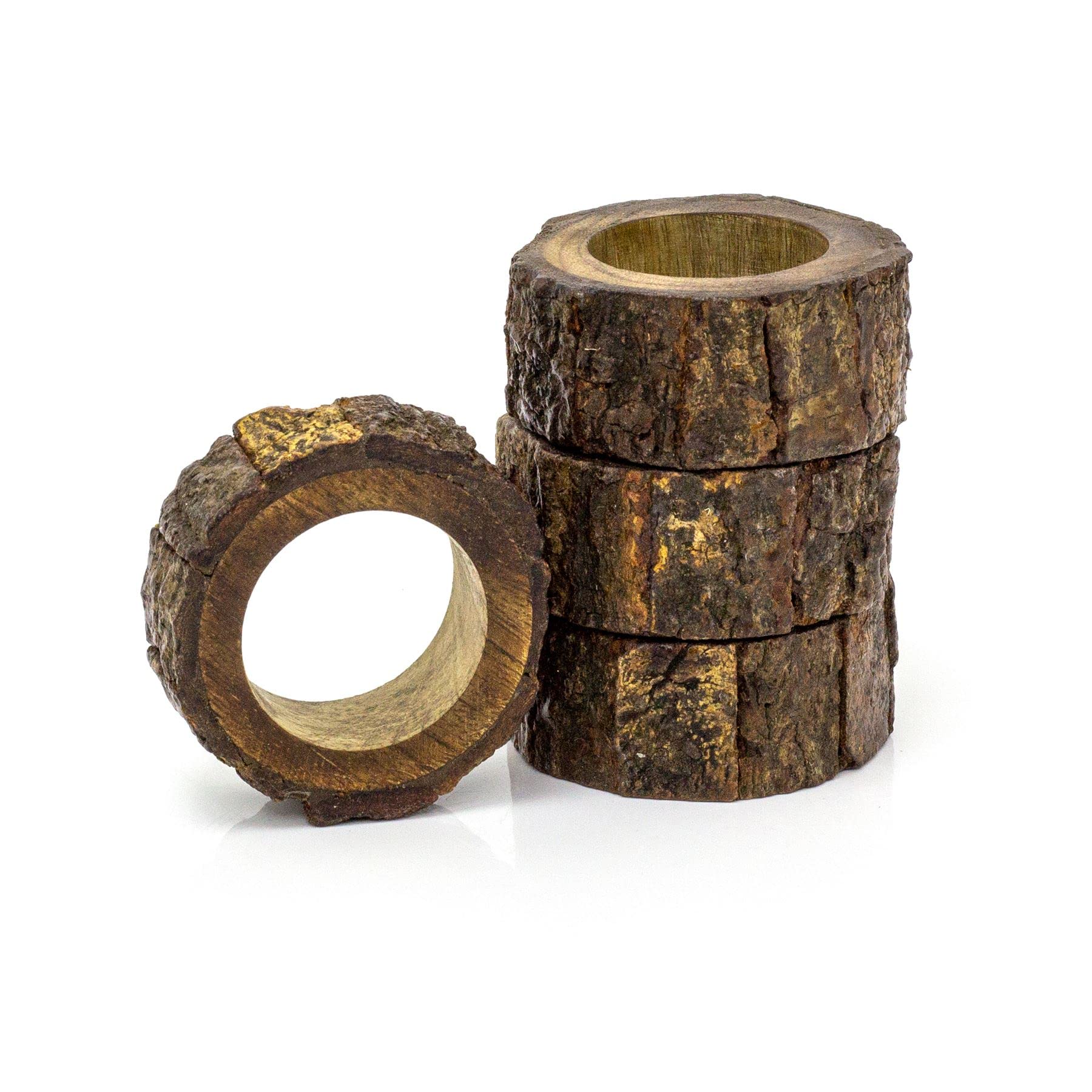 Set of 4 Wooden Tree Log Slice Napkin Rings Rustic Napkin Holders | 4 Piece Tree Bark Napkin Ring Holder | Serviettes Rings Christmas Table Decor