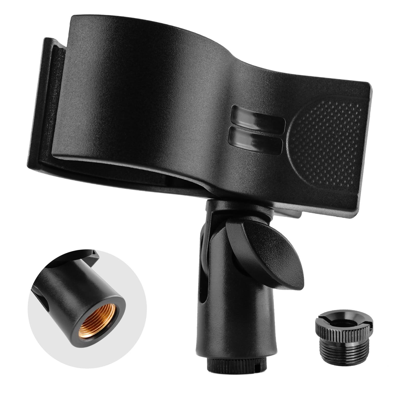 BILIONE Soporte para micrófono, clip de accesorio de micrófono grande para soportes, apto para la mayoría de micrófonos de condensador e inalámbricos con rango de diámetro exterior de 1.25 a 2.3