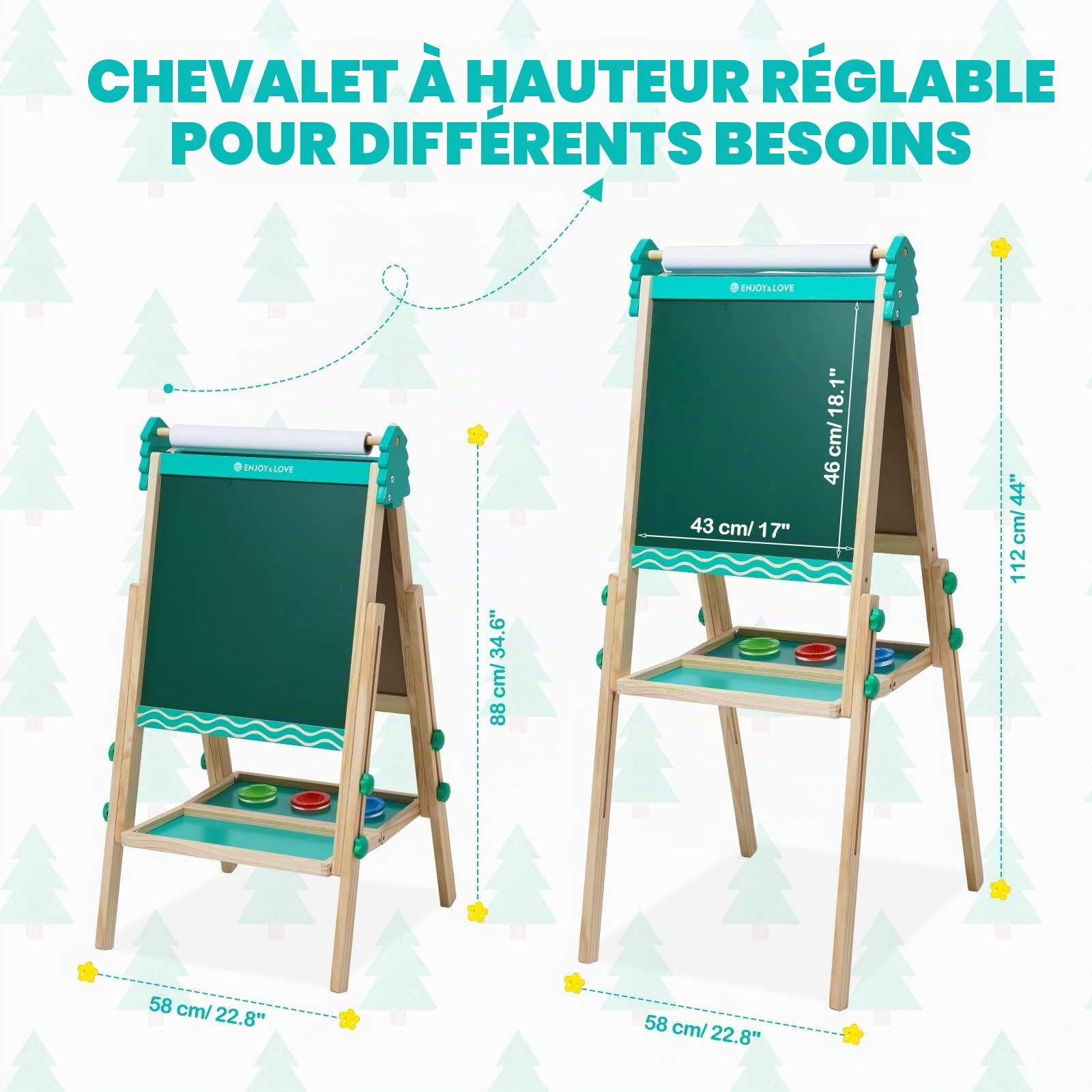 Chevalet Peinture Enfant Tableau Double Face Tableau Blanc et Noir en Bois et Hauteur Réglable avec Rouleau de Papier,Convient aux Filles et aux Garçons âgés de 3 à 8 Ans (Bleu)