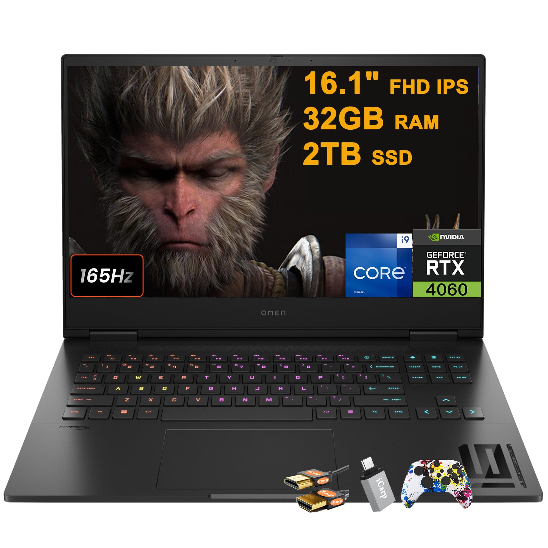 HP Omen 16 Gaming Laptop 16.1" FHD 165Hz (sRGB 100%, G-SYNC) Intel 24-core i9-13900HX 32GB RAM 2TB SSD GeForce RTX 4060 8GB RGB Backlit Thunderbolt FHD Privacy Camera Fast Charge Win11 w/ICP Accessory