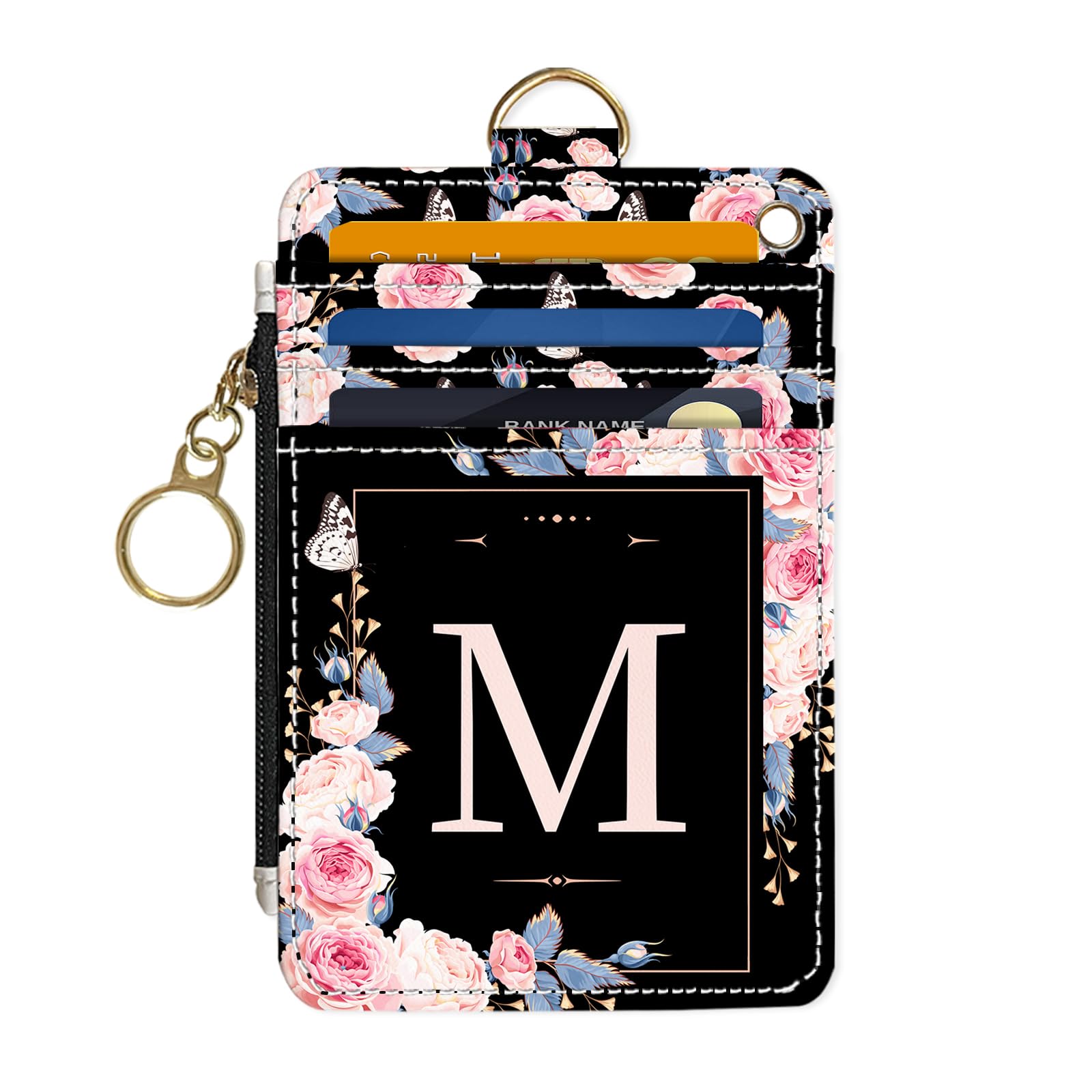 DATOUCAT Slim Wallet Credit Card Holder, Initial Letter M, RFID Wallet Women Cute Small Front Pocket Wallet With Zipper, PU Leather Thin travel RFID Blocking Card Case ID Window,Ladies Gifts