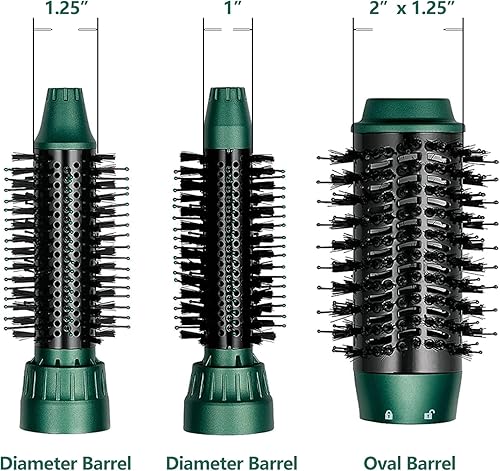 Miniatura 6 de Secador de pelo y voluminizador 3 en 1, rizador de iones negativos de cerámica con 3 cabezales de cepillo intercambiables (verde)
