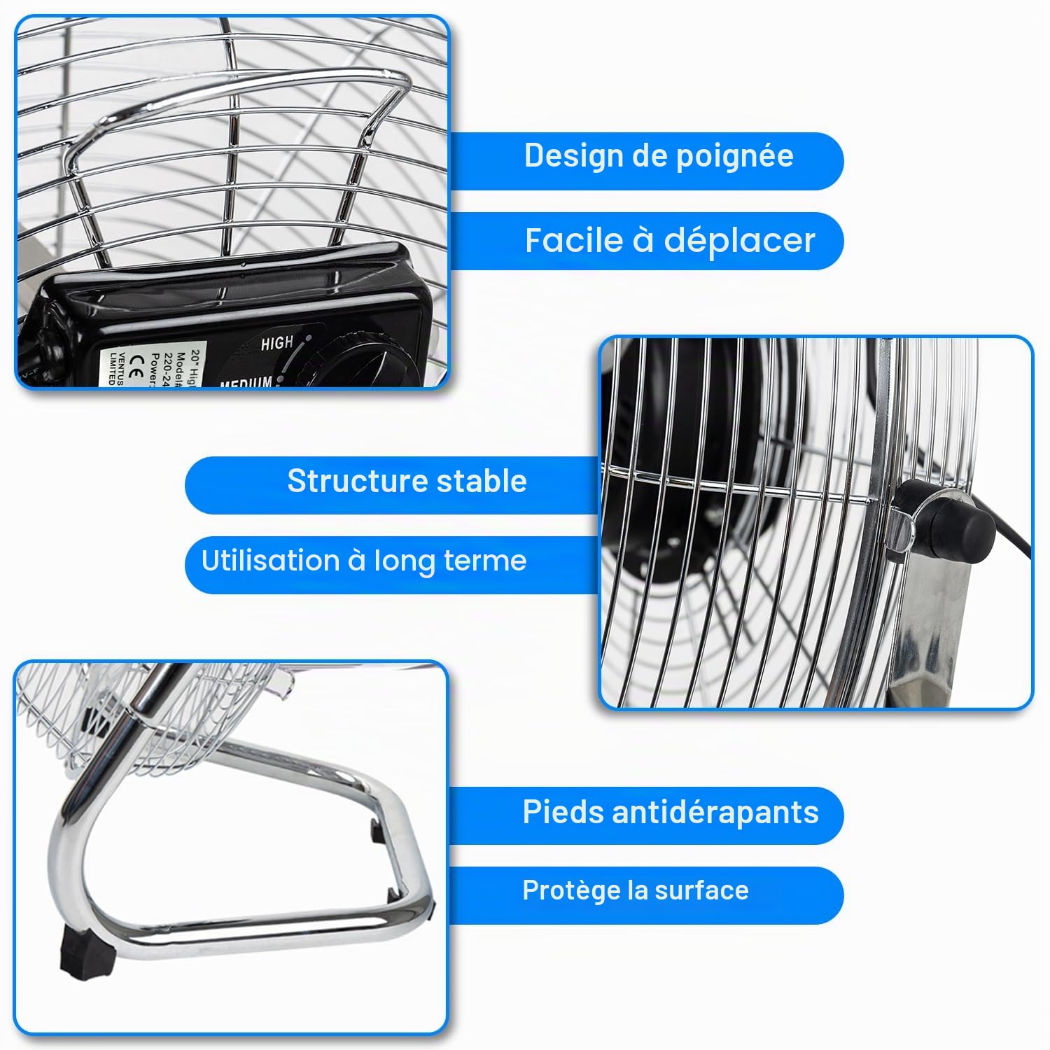 Dawoo Ventilateur de Sol - 45cm Brasseur d'air de à 3 Vitesses Avec Fonction d'inclinaison 95W Ventilateur Puissant (Chromé)