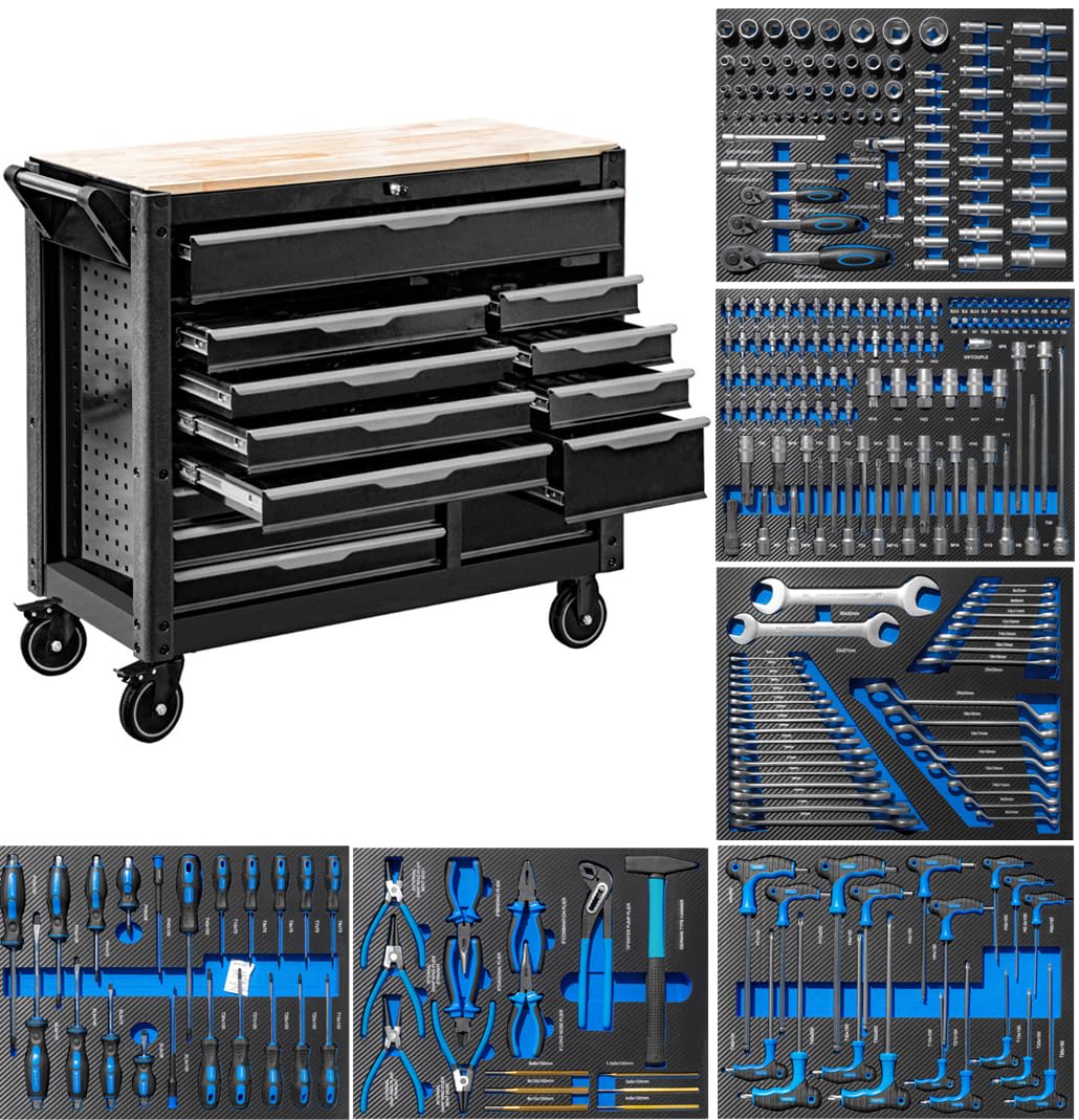 JOMAFA Carro de Taller Grande de 13 cajones con Bandeja de Madera, Edición XXL con 6 modulos de Herramientas Azul