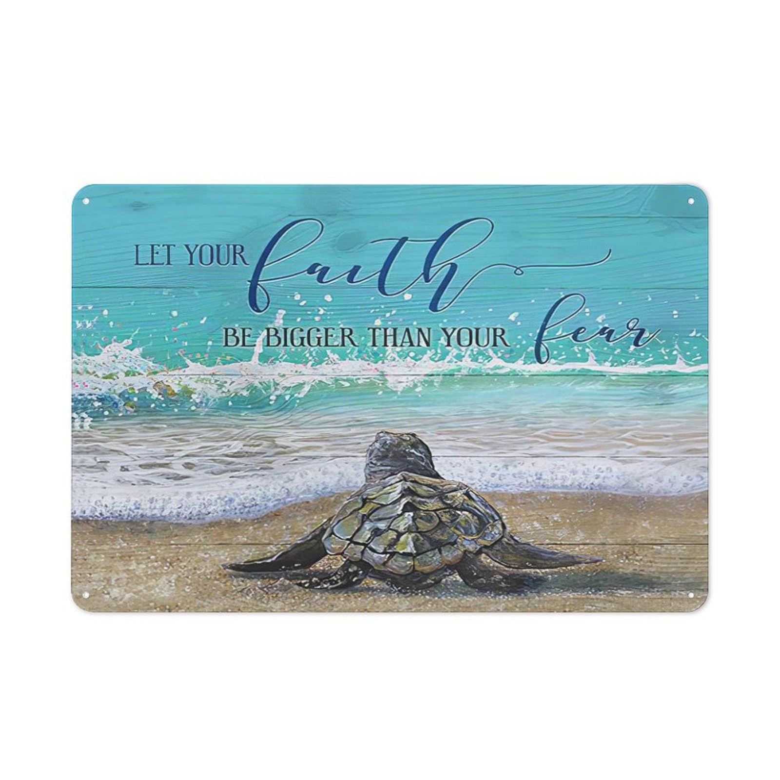 Rustic Metal Tin Sign, Teal Sea Turtle Coastal Print, Living Room Bedroom Inspirational Decor 12x8 Inch