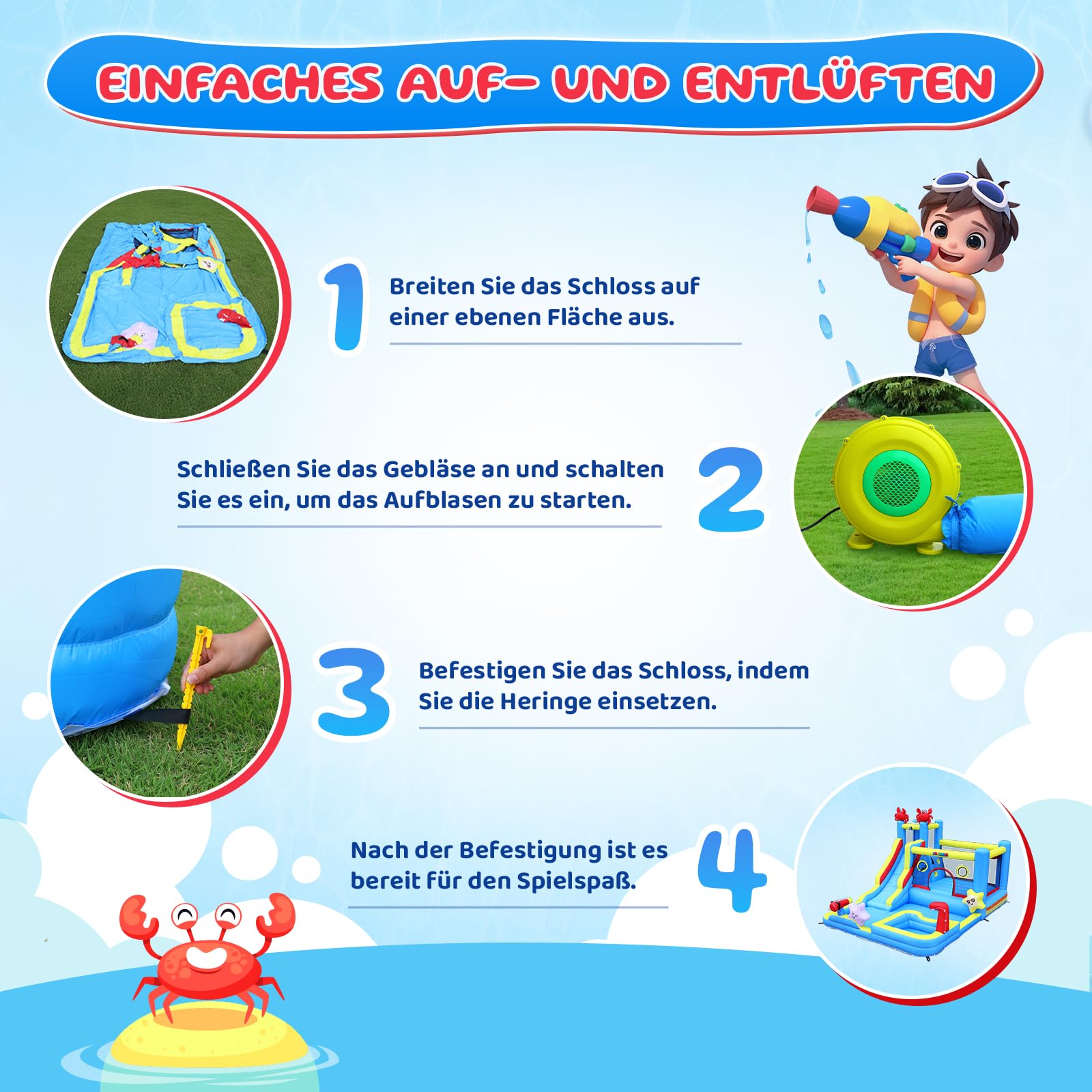 Bonnlo hüpfburg Indoor/Outdoor, hüpfburg mit Gebläse und Troken-/Wasserrutsche, Spielhaus Outdoor für Kinder ab 3 Jahre (Blau-XXL)
