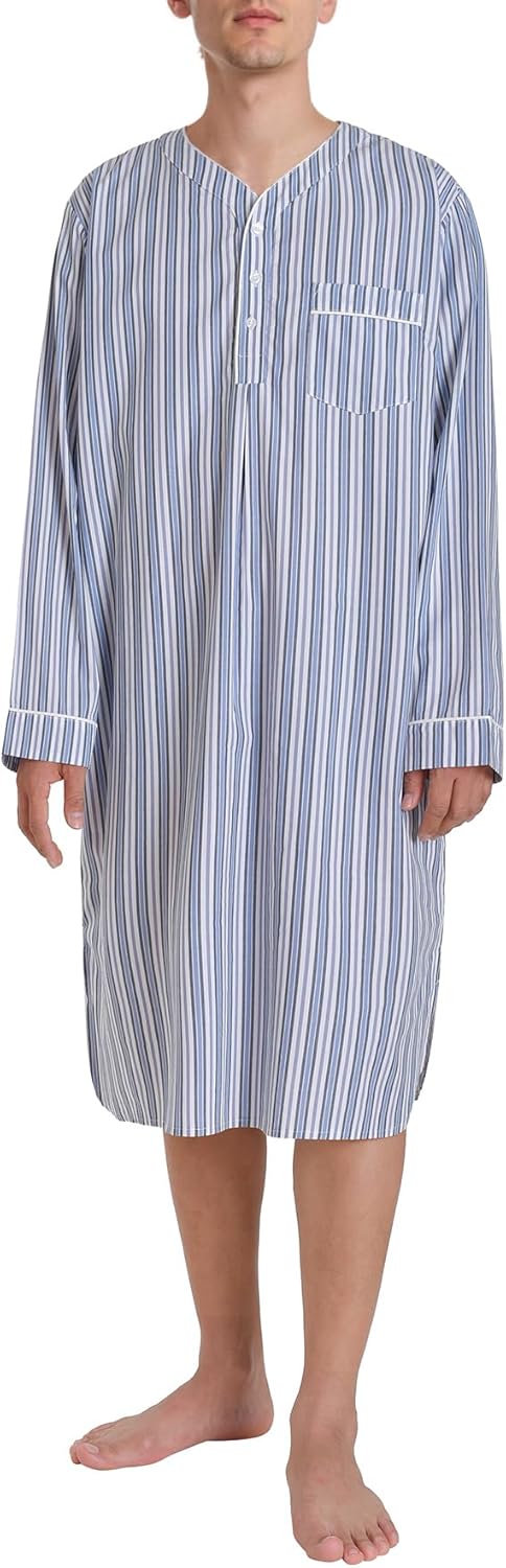 Latuza Men's Cotton Nightshirt Long Sleeve Sleep Shirt with Pocket