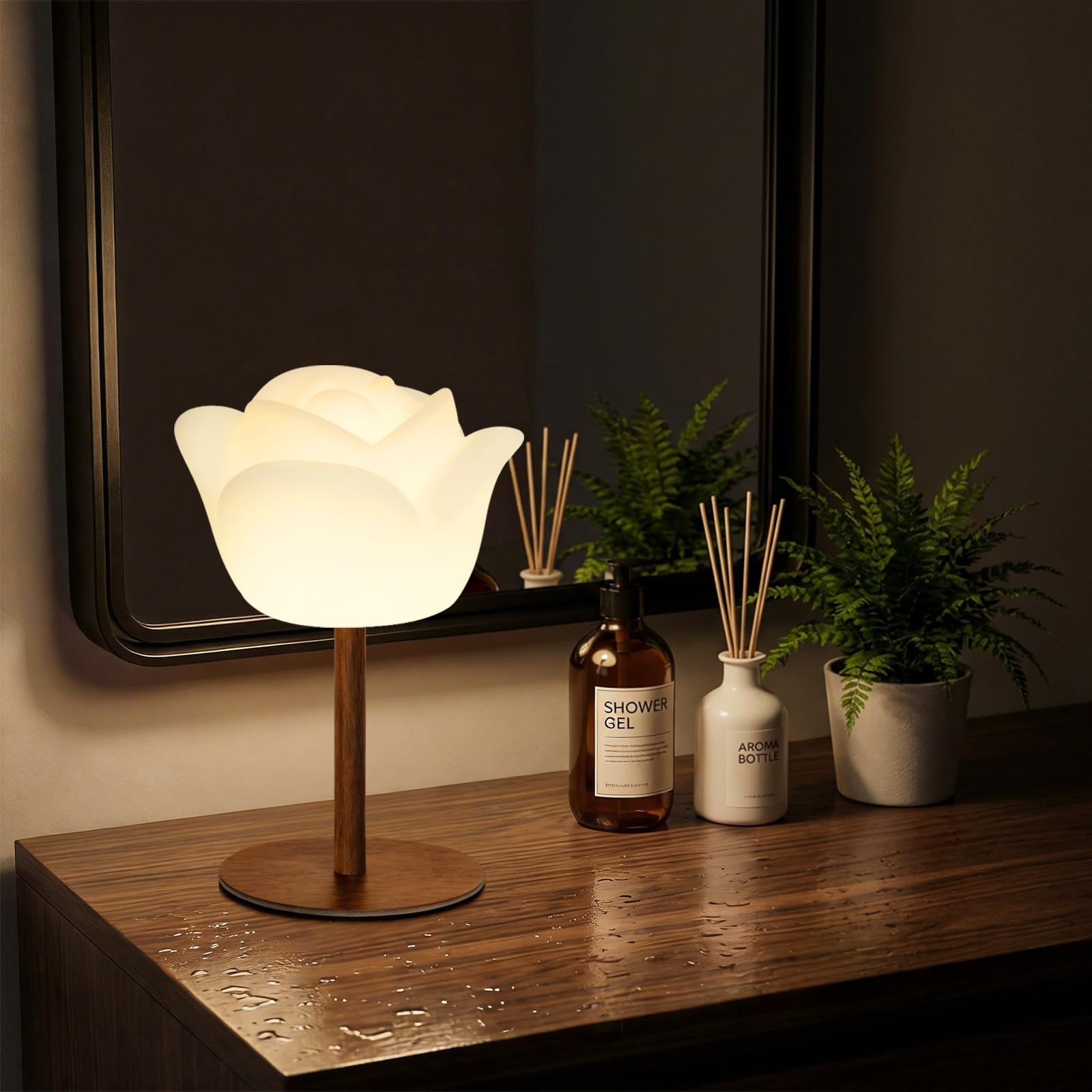 Flower IP64 splash-proof Rechargeable Cordless Bedside Lamp with Remote & Timer, 4000mAh USB‑C Table Lamp, Stepless Dimmable Cool White + RGB Colour Changing Night Light, Decorative Portable Lamp