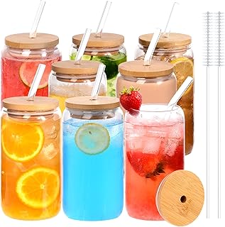 8PCS Drinking Glasses with Bamboo Lids and Straws, Glass Cups Set, 16oz Beer Can Shaped Glasses, Iced Coffee Cups, Cute Tumbler Cup, for Whiskey, Wine Cocktail Boba Tea Gift
