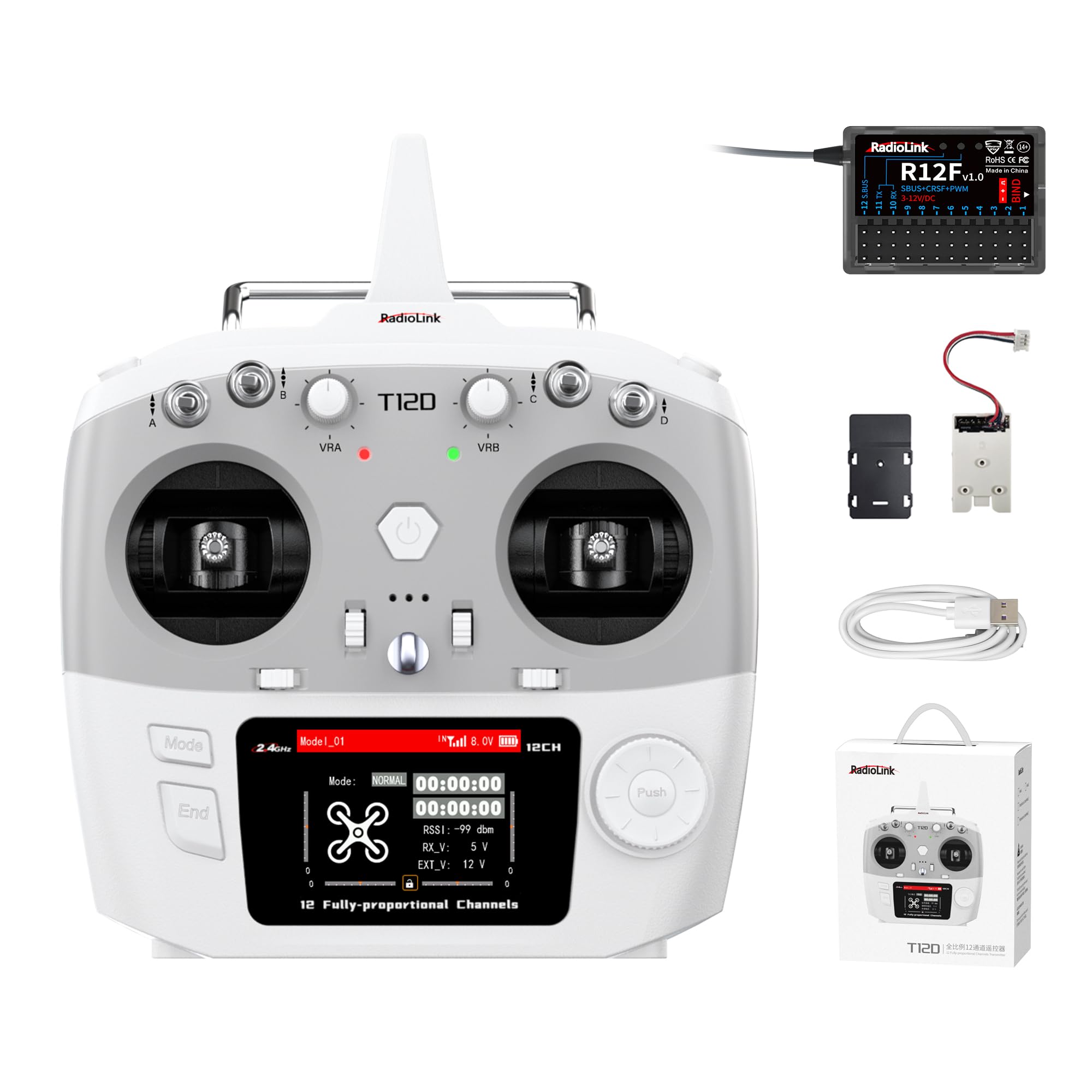 Radiolink T12D Trasmettitore RC 12CH e Ricevitore R12F, Radiocomando 2.4GHz Portata 4km, 50 Memorie Modelli, Supporta Moduli ELRS/TBS Crossfire per Droni, Aerei, Auto e Barche (Modo 2)