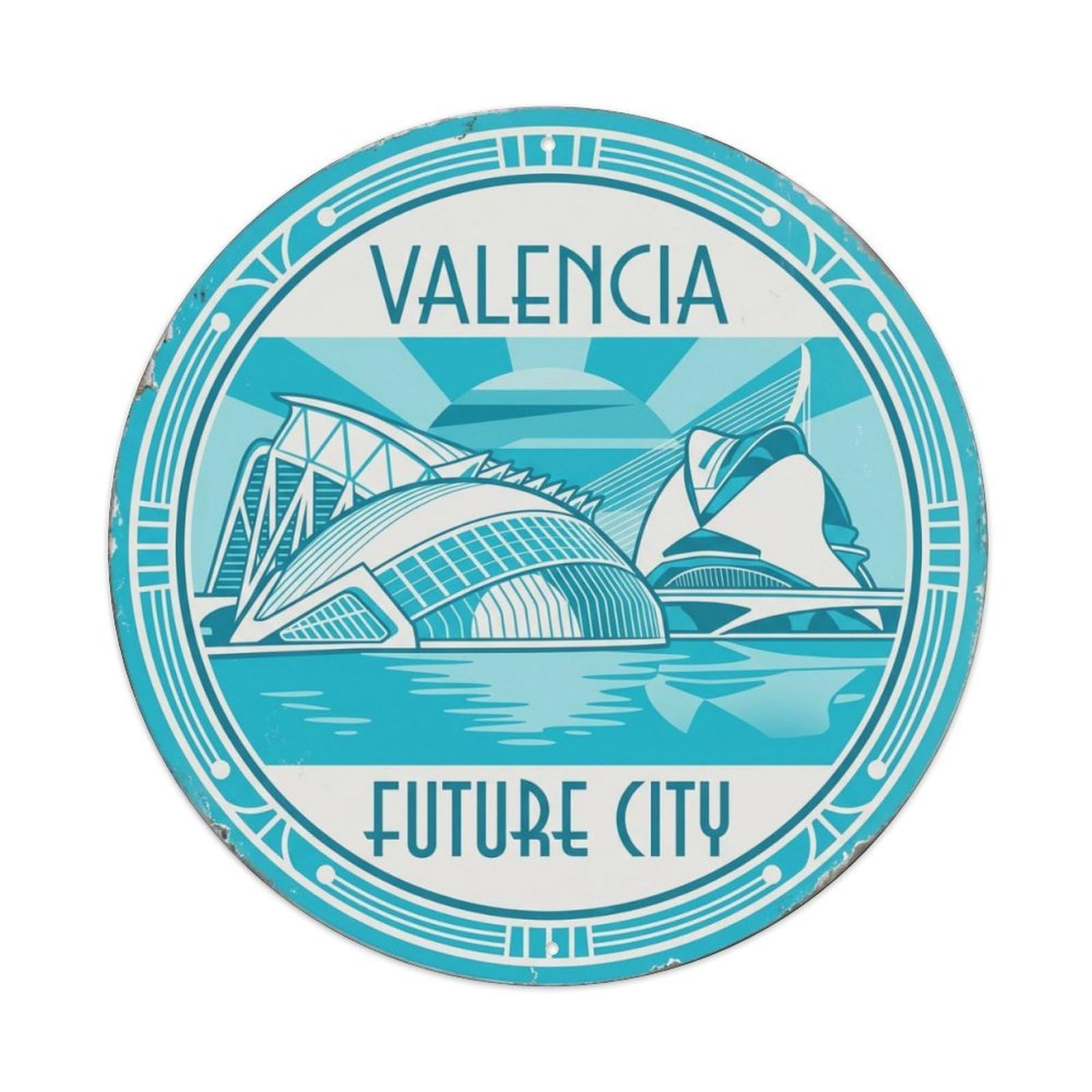 Vintage Travel Futuristic Valencia Architecture Metal Tin Sign Plaque Wall Decor for Cafe, Club Bar, Office, Home Garden Round Metal Poster 8x8Inch