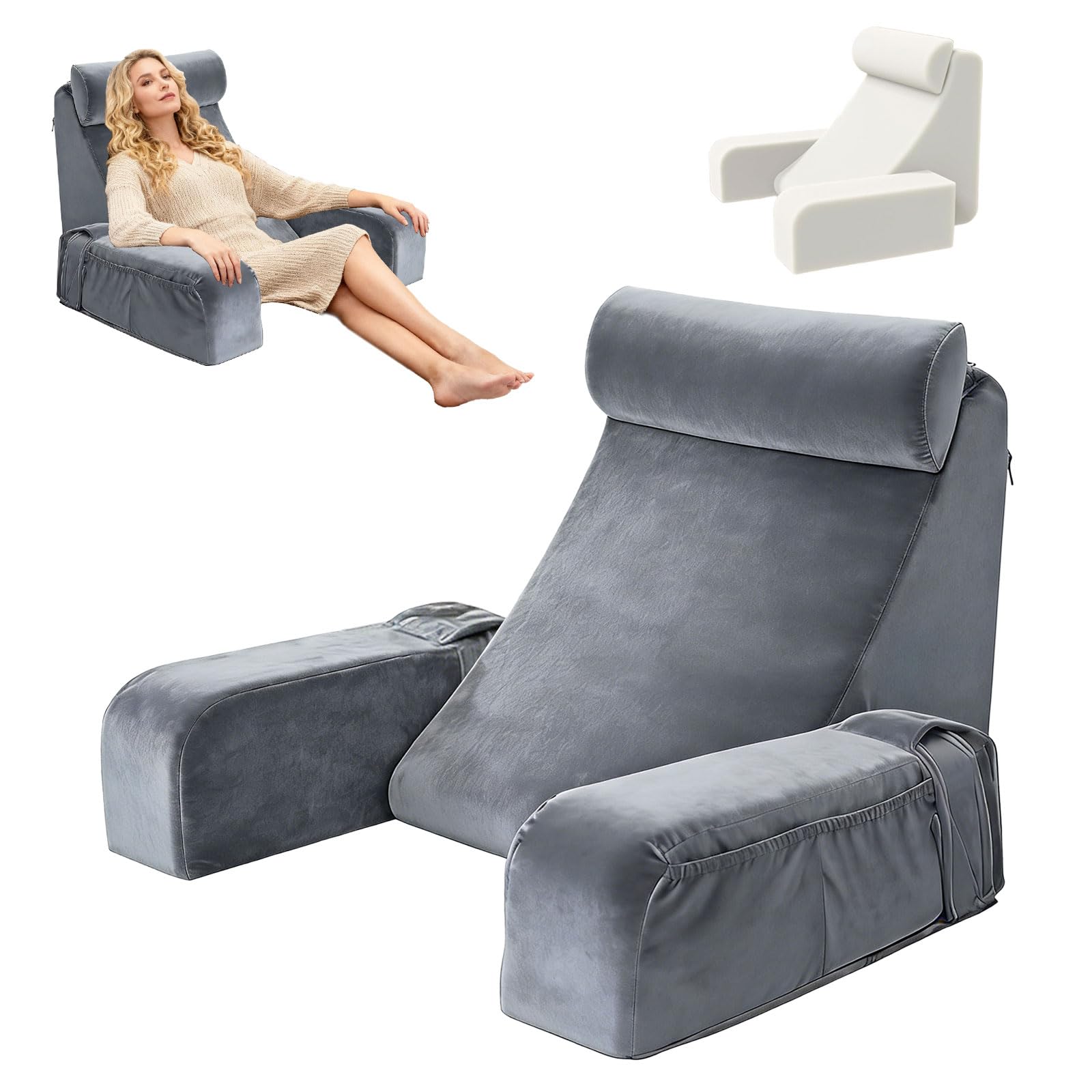 Cojín de lectura para adultos, de espuma viscoelástica con cojín para el cuello, reposabrazos desmontables, cojín para la espalda, para leer, ver televisión, videojuegos en la cama, sofá