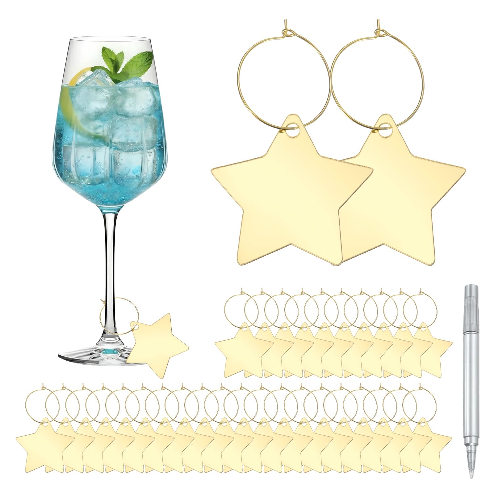 sourcing map 40 Pcs Wine Glass Charm with Ring Tags, Drink Glass Identifiers Acrylic Keychain Blanks with Gold Marker for Stem Glasses Wedding Party Birthday DIY Craft, Star Shape Gold
