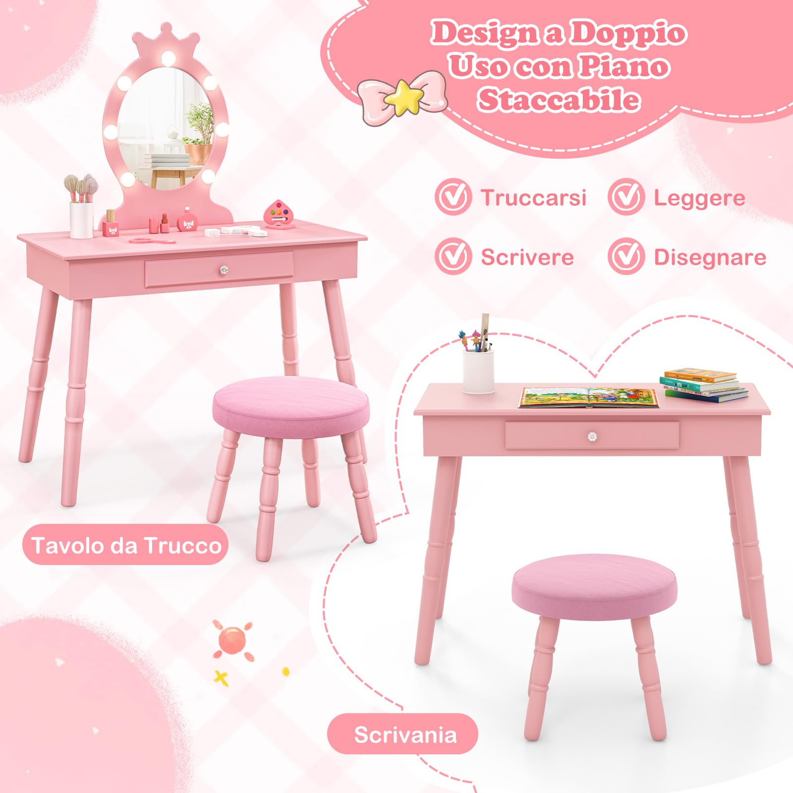 RELAX4LIFE Toeletta Trucco per Bambina con 7 Lampadine LED, 3 Colori di Luci, Specchiera Trucco con Sgabello, Toeletta in Legno, Specchio Rimovibile, per Bambini 3-7 Anni (Rosa)