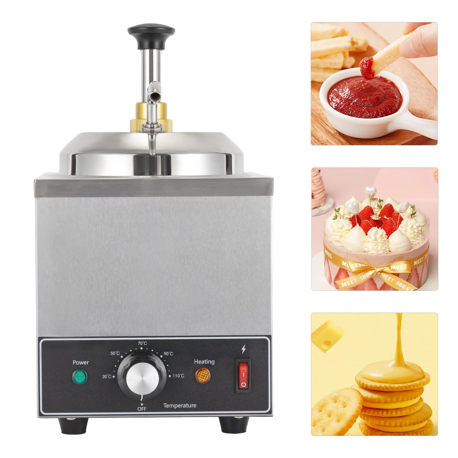 Dispensador de salsa eléctrico de acero inoxidable de 2 litros, 650 W, con bomba, rango de temperatura de 30 a 110 °C, apto para café, aperitivos y restaurantes, ideal para chocolate y queso, color
