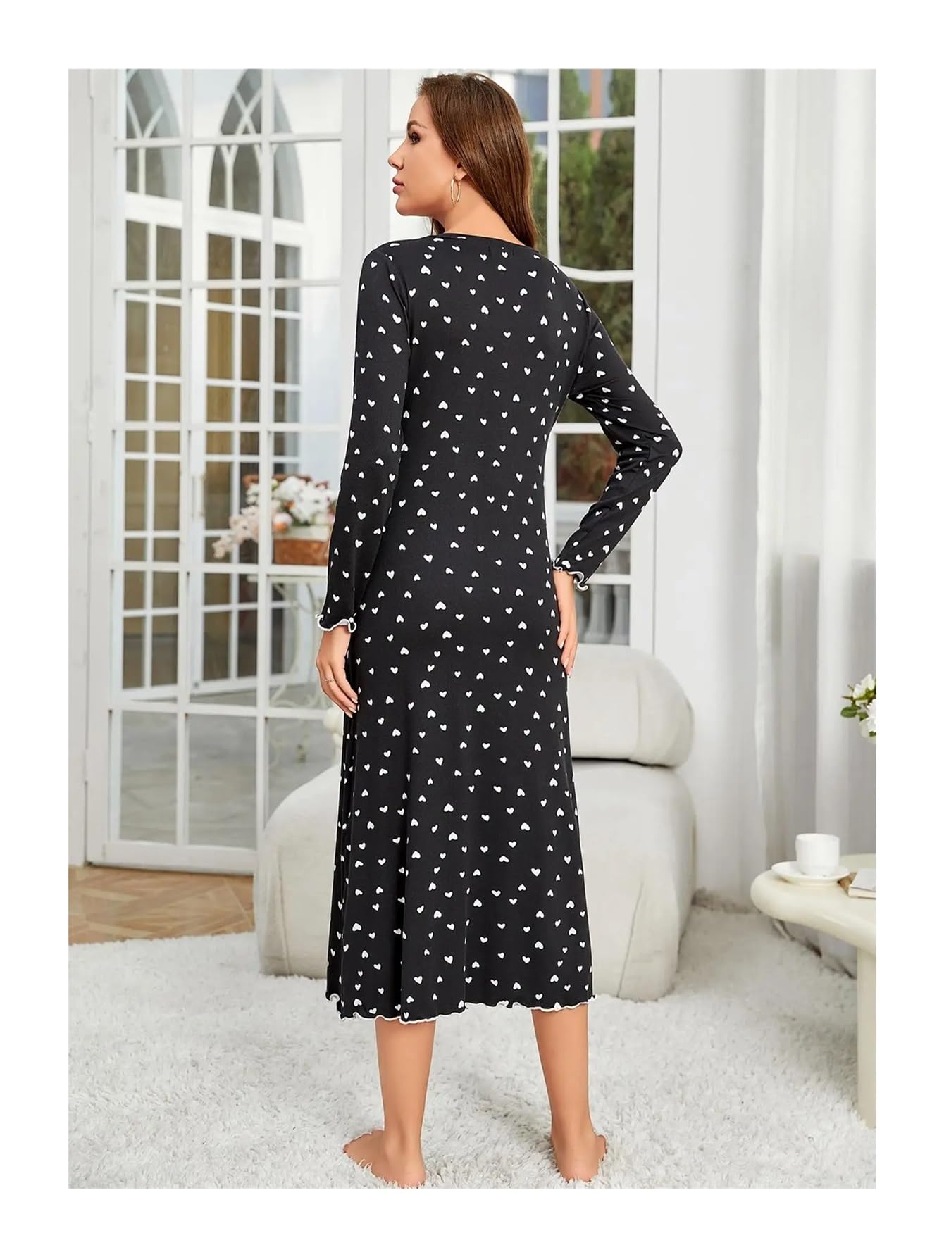 Camisón con estampado de corazón para mujer, cuello en V, manga larga, dobladillo con volantes, ropa de dormir para mujer, ropa de dormir para el hogar, vestido de pijama