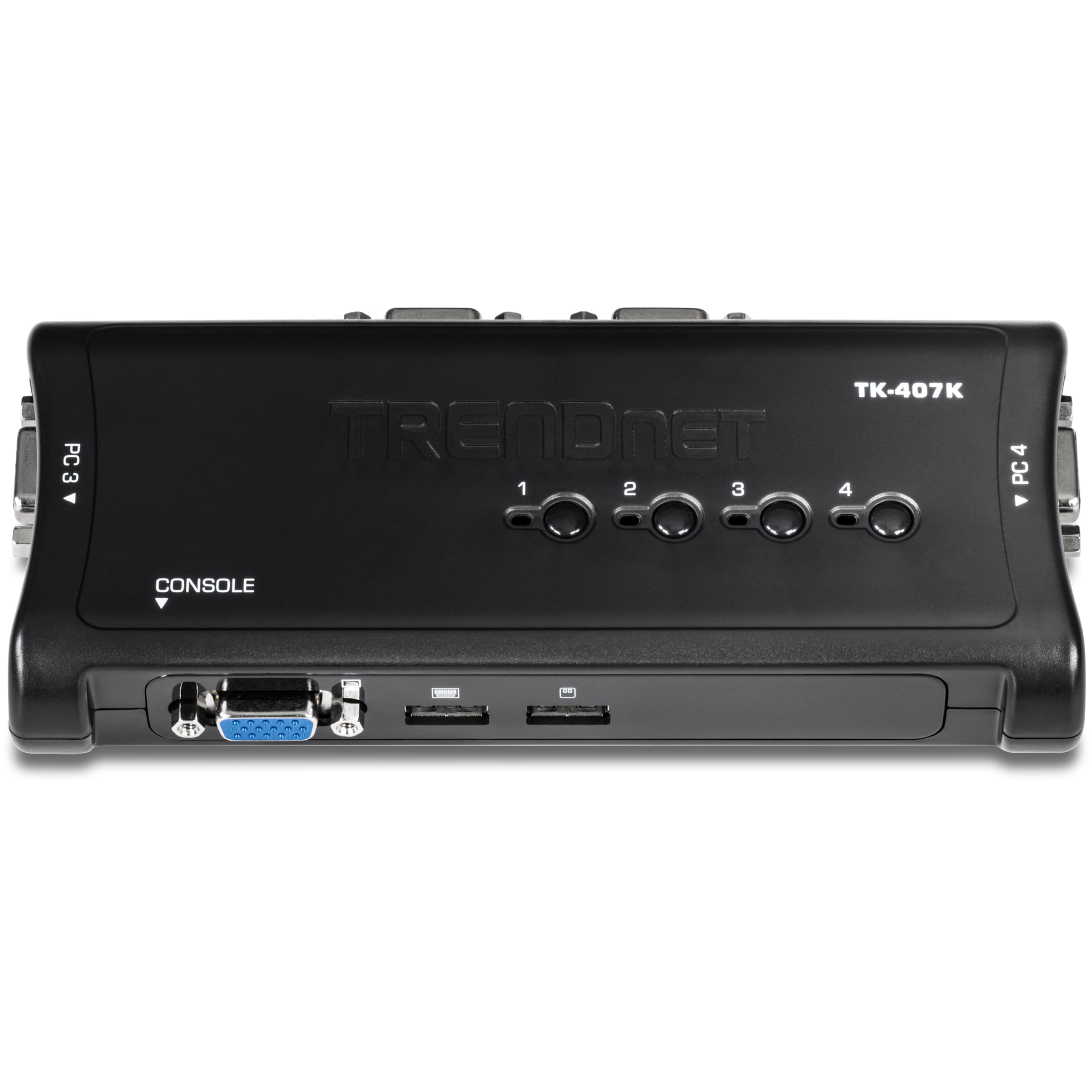 TRENDnet, TK-407K, Kit de conmutador KVM USB de 4 puertos, conexiones VGA y USB, resolución de 2048 x 1536, cableado incluido
