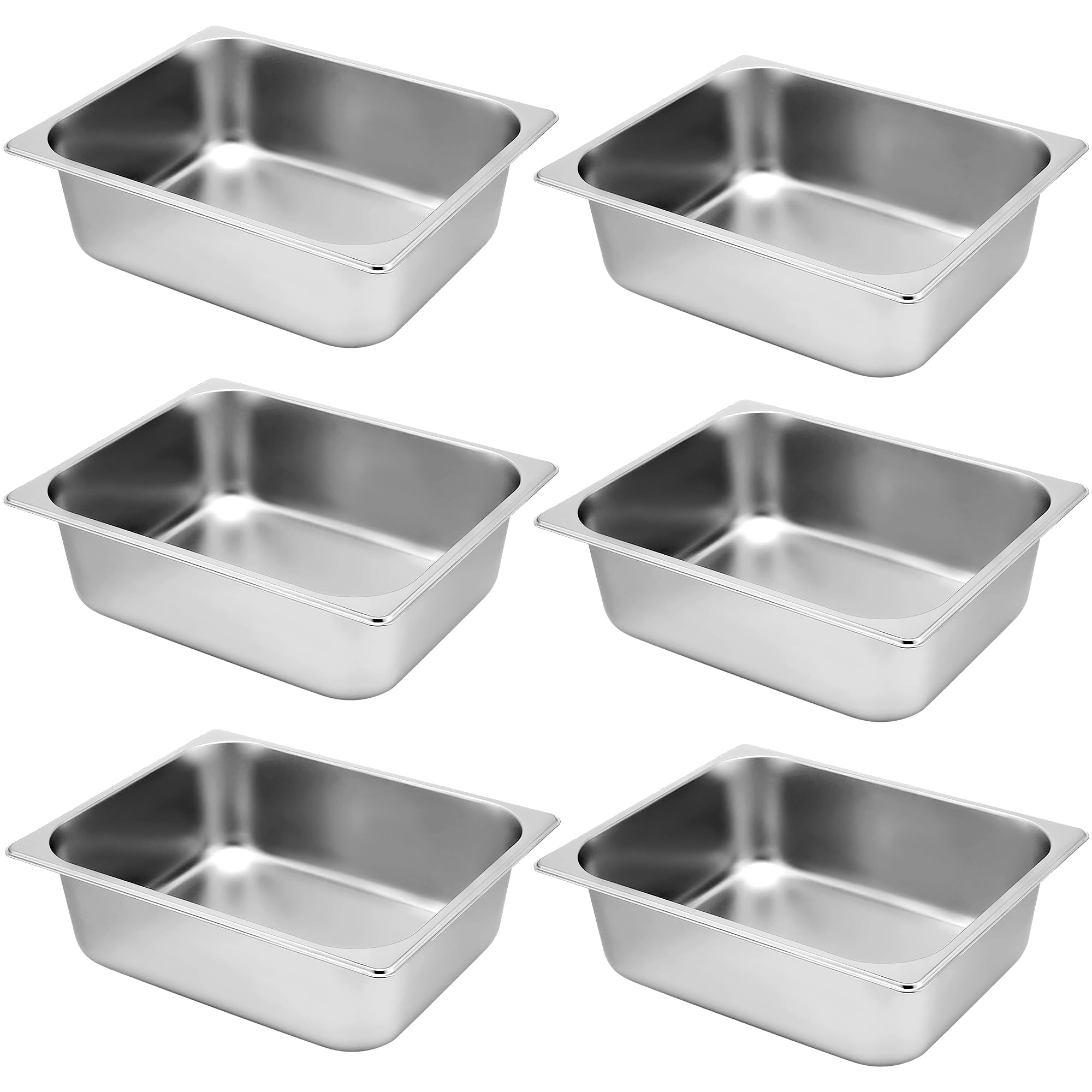 6 Pack Hotel Pans, 1/2 Size 4" Deep Stainless Steel Steam Table Pan, 12.8" L x 10.4" W Anti Jam Commercial Catering Food Pans for Hotel, Home, Party, Restaurant, Buffet