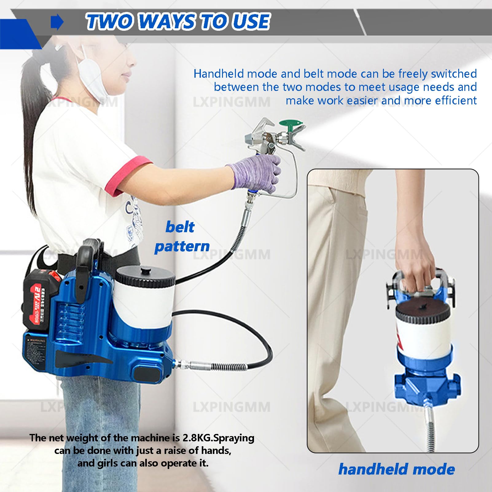 Pulverizador de Pintura sin Aire de Alta presión, 500 W, presión máxima de 15 MPa, Compatible con látex y Pintura a Base de Agua, para Casas y terrazas. 1battery