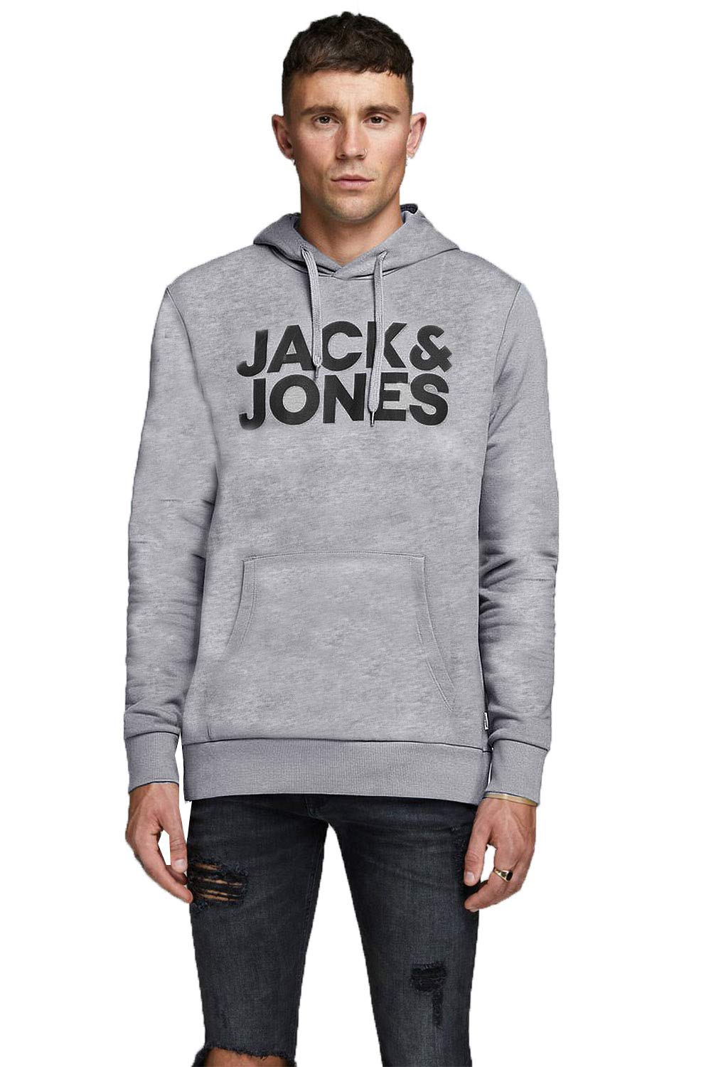 Jack & Jones Men's Grey (Light Grey Melange Detail: Reg Fit 19-Melange) Logo Hoodie - Grey - Medium