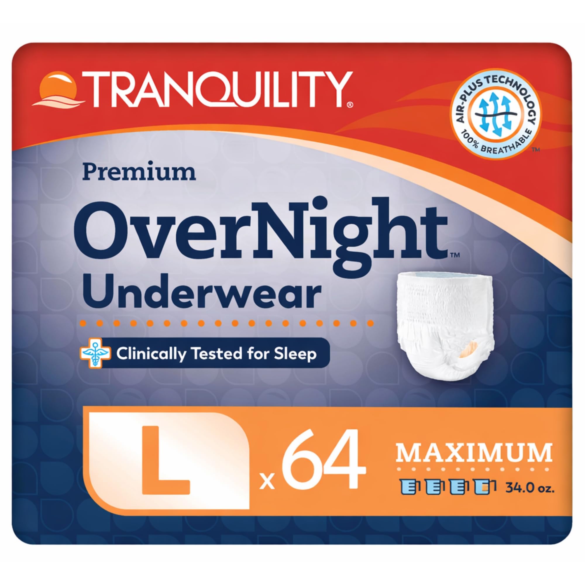 Tranquility Premium OverNight Disposable Absorbent Underwear (64 Count) - L, 44-54 in. Waist - Maximum Absorbency, All-Night Sleep, Breathable Comfort, 64 Adult Diapers