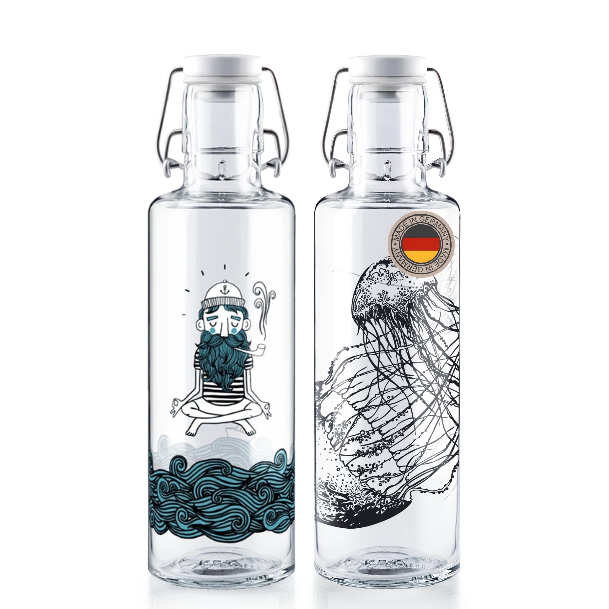 soulbottles Trinkflaschen-Set "Jellyfish & Soulsailor" • 2× 600 ml • Wasserflaschen aus Glas • Made in Germany • 100 % plastikfrei, auslaufsicher • Ideal für Zuhause, Schule & Büro