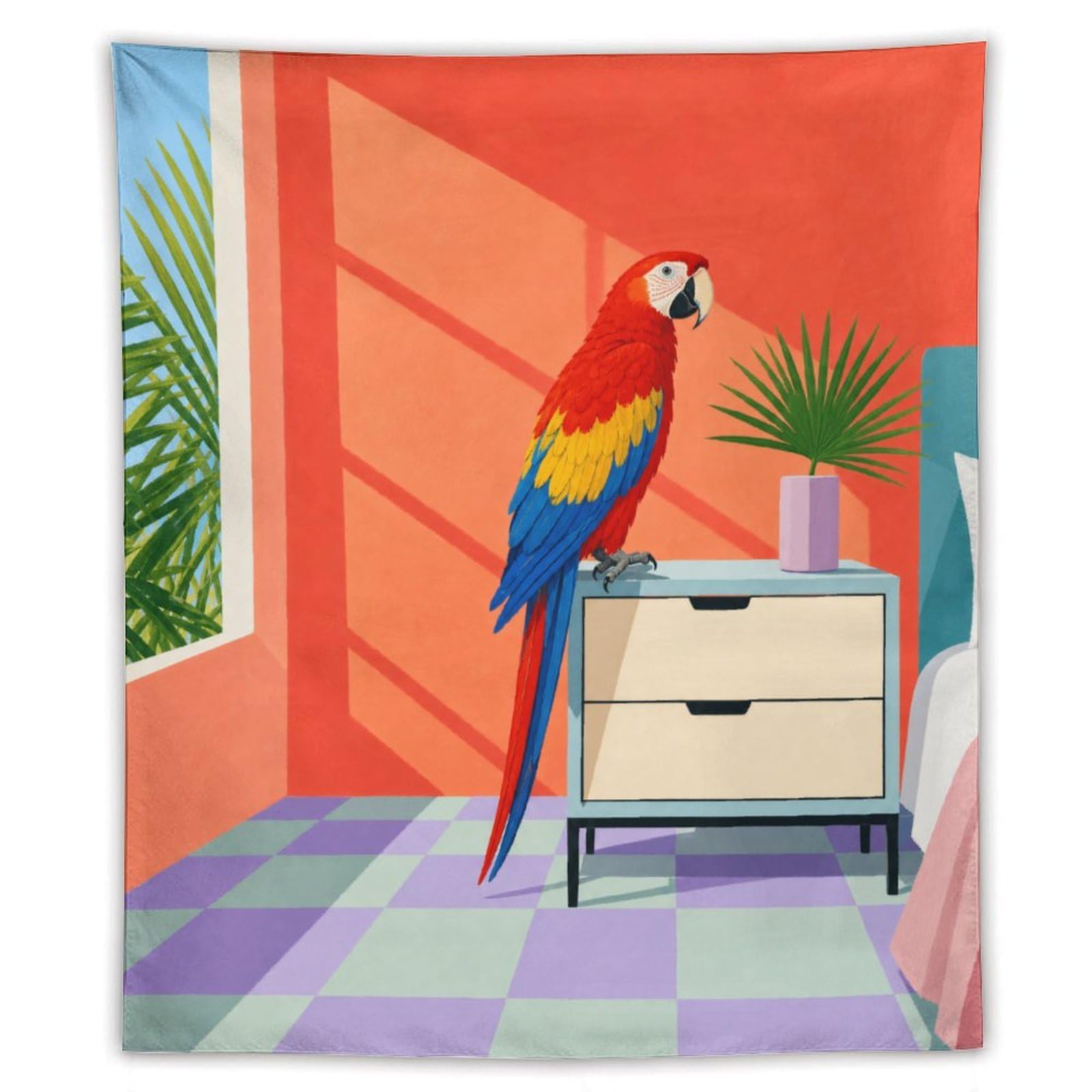 H3B8U2Y5 Parrot in Bright Room Wall Tapestry, Geometric Art, Backdrop