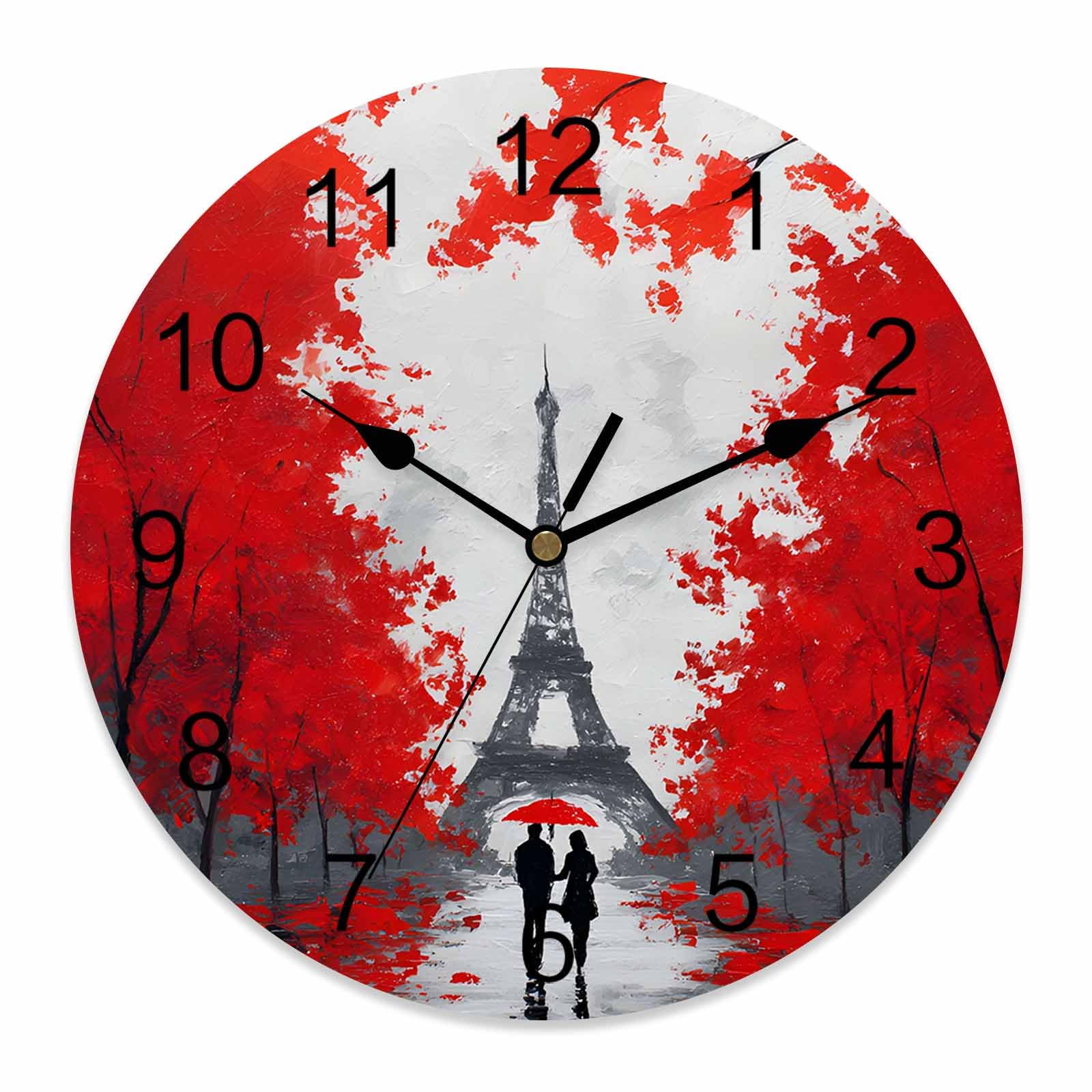 Ensound Valentine's Day Wall Clock Red Forest Couple Clocks Wooden Silent Non-Ticking Battery Operated Romantic Rainy Days Eiffel Tower Round Clock for Home Living Room Kitchen Bedroom 12 Inch