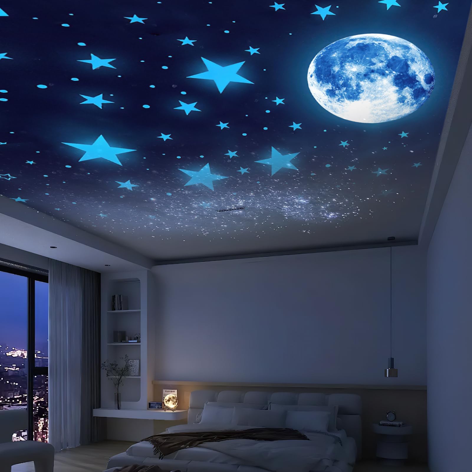 351 estrellas fosforescentes de techo, pegatinas luminosas con estrellas luminosas pegatinas de pared, pegatinas de luna fluorescentes para techo, decoración de habitación infantil y niña, niño (azul)