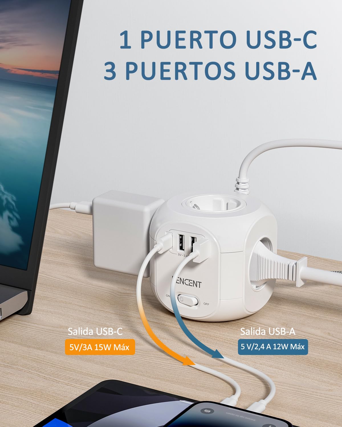 LENCENT Cubo Regleta Enchufes 2M con 4 Tomas de CA, 3 USB y 1 Tipo C | Alargadera Electrica Protección contra Sobretensiones para Familia, Cocina y Oficina White