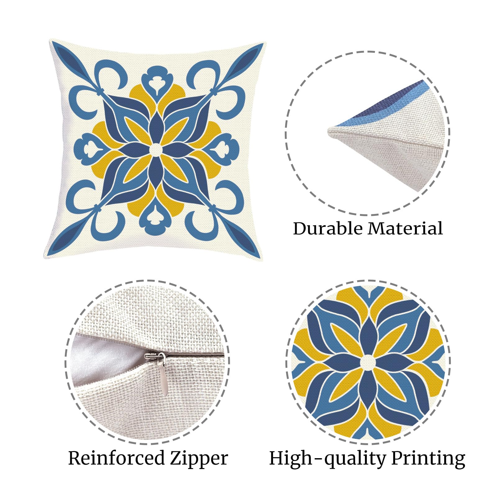 Fundas Cojines 45x45 Juego de 4 Funda de Almohada Flor Azul Mediterráneo Cojines Fundas Floral Geométrico Marroquí Mandala Cojine Decorativas para Sofá Salón Silla