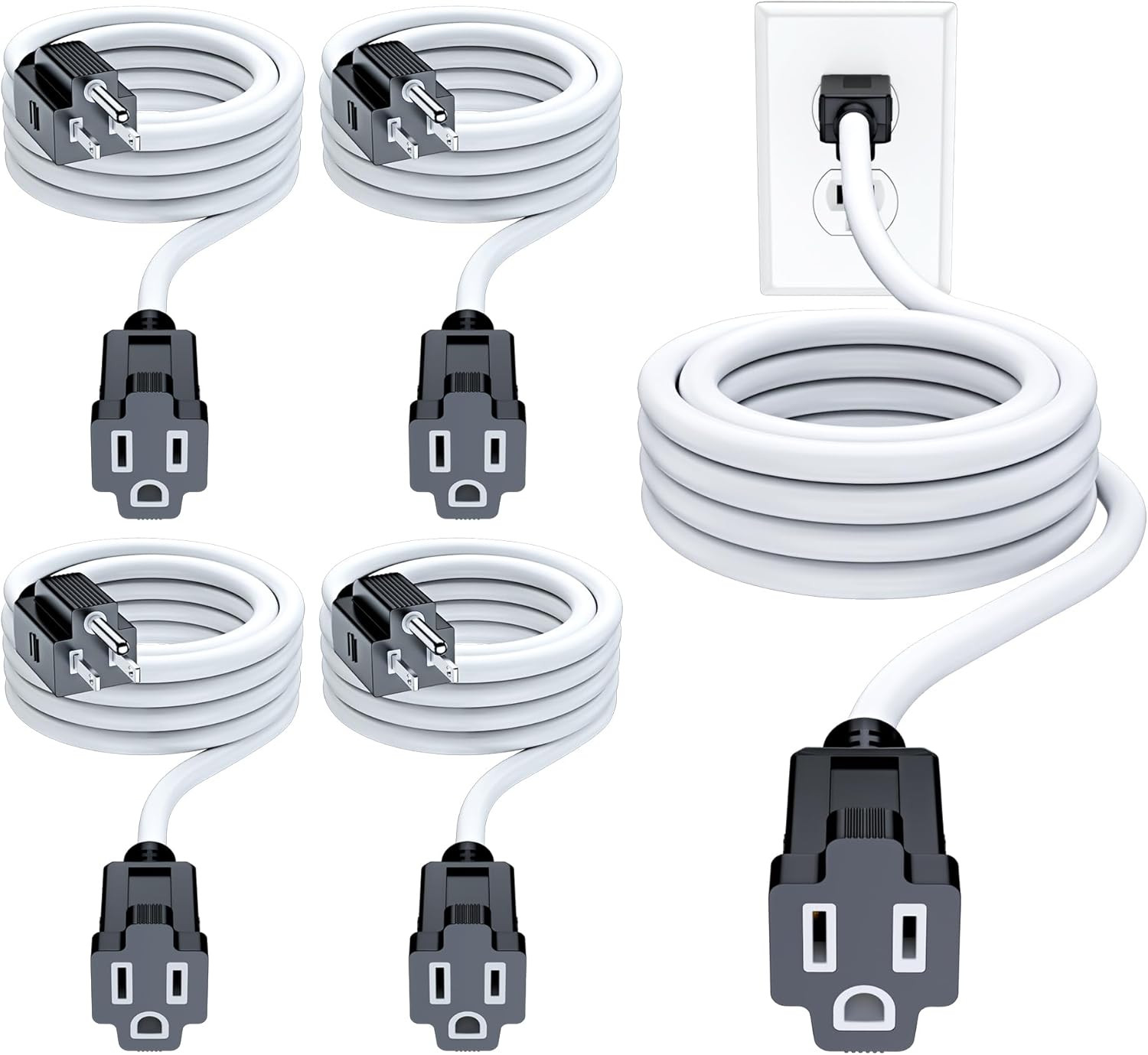 Maximm Extension Cord 5 Pack, 10 Ft White Indoor Power Cords, 16 Gauge SJTW Heavy Duty Wire, ETL Listed, 125V 13A