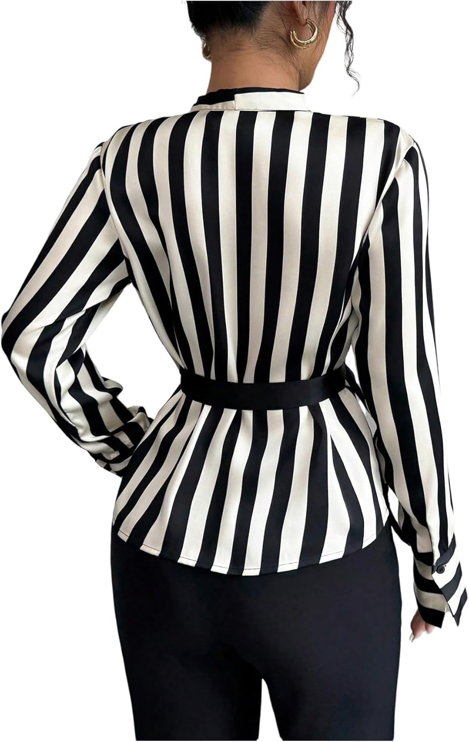 SweatyRocks Women's Long Sleeve Wrap V Neck Striped Blouse Tops Ruched Elegant Work Shirts - Image 3